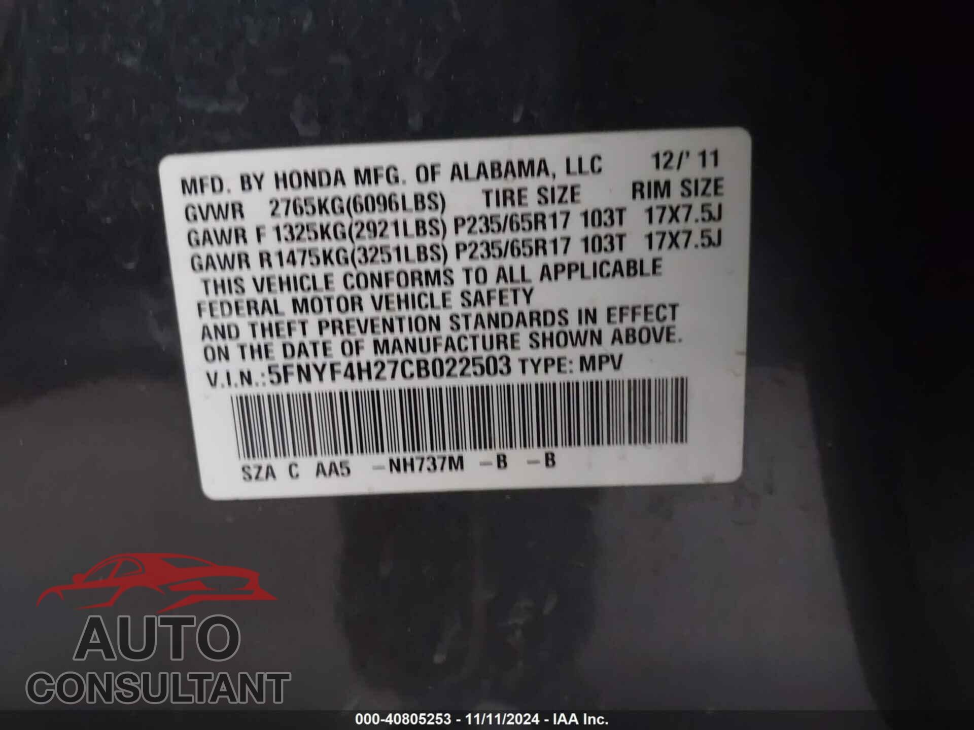 HONDA PILOT 2012 - 5FNYF4H27CB022503