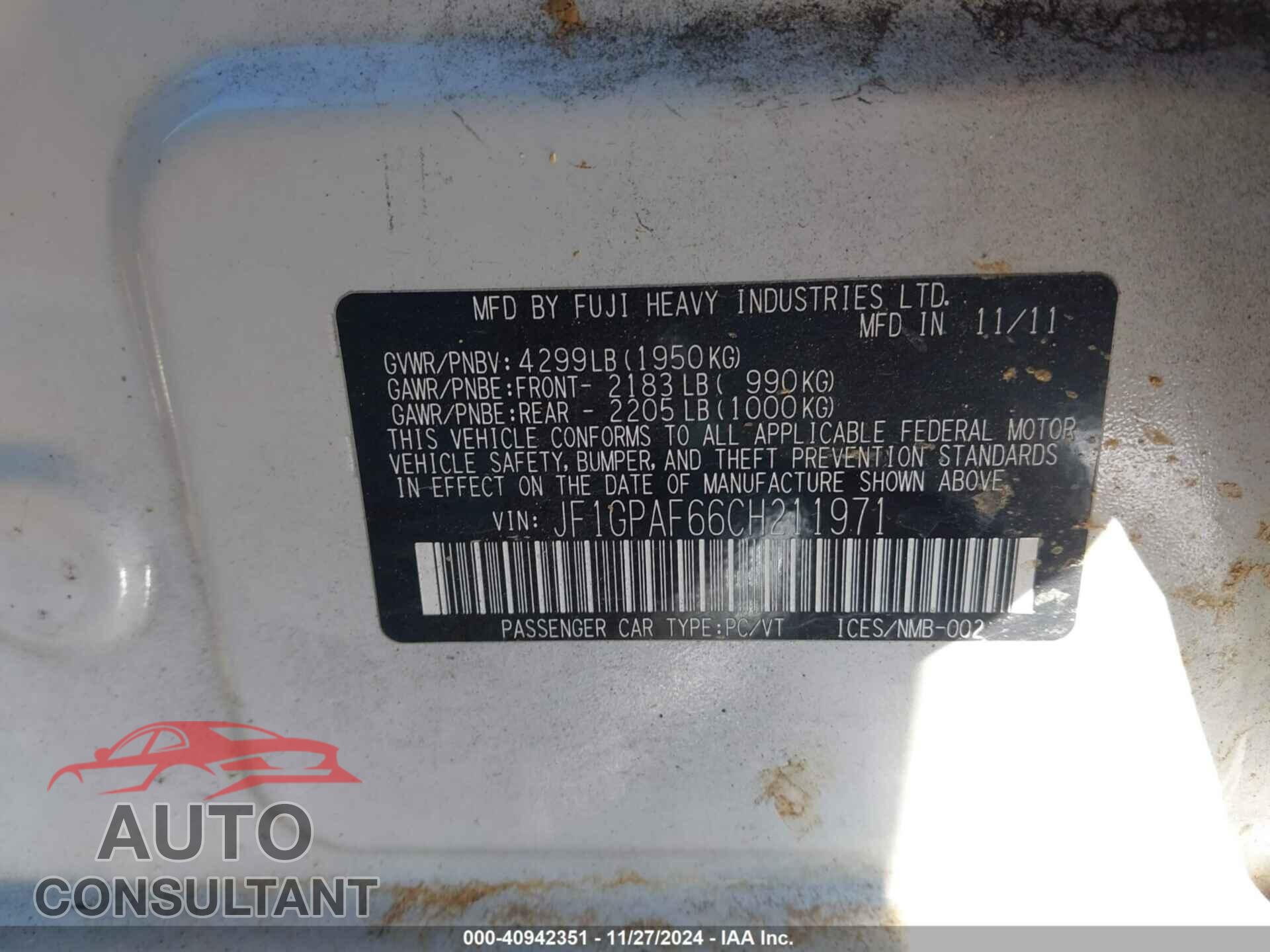 SUBARU IMPREZA 2012 - JF1GPAF66CH211971