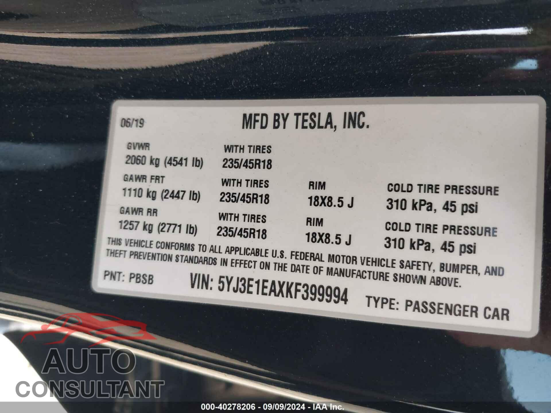 TESLA MODEL 3 2019 - 5YJ3E1EAXKF399994