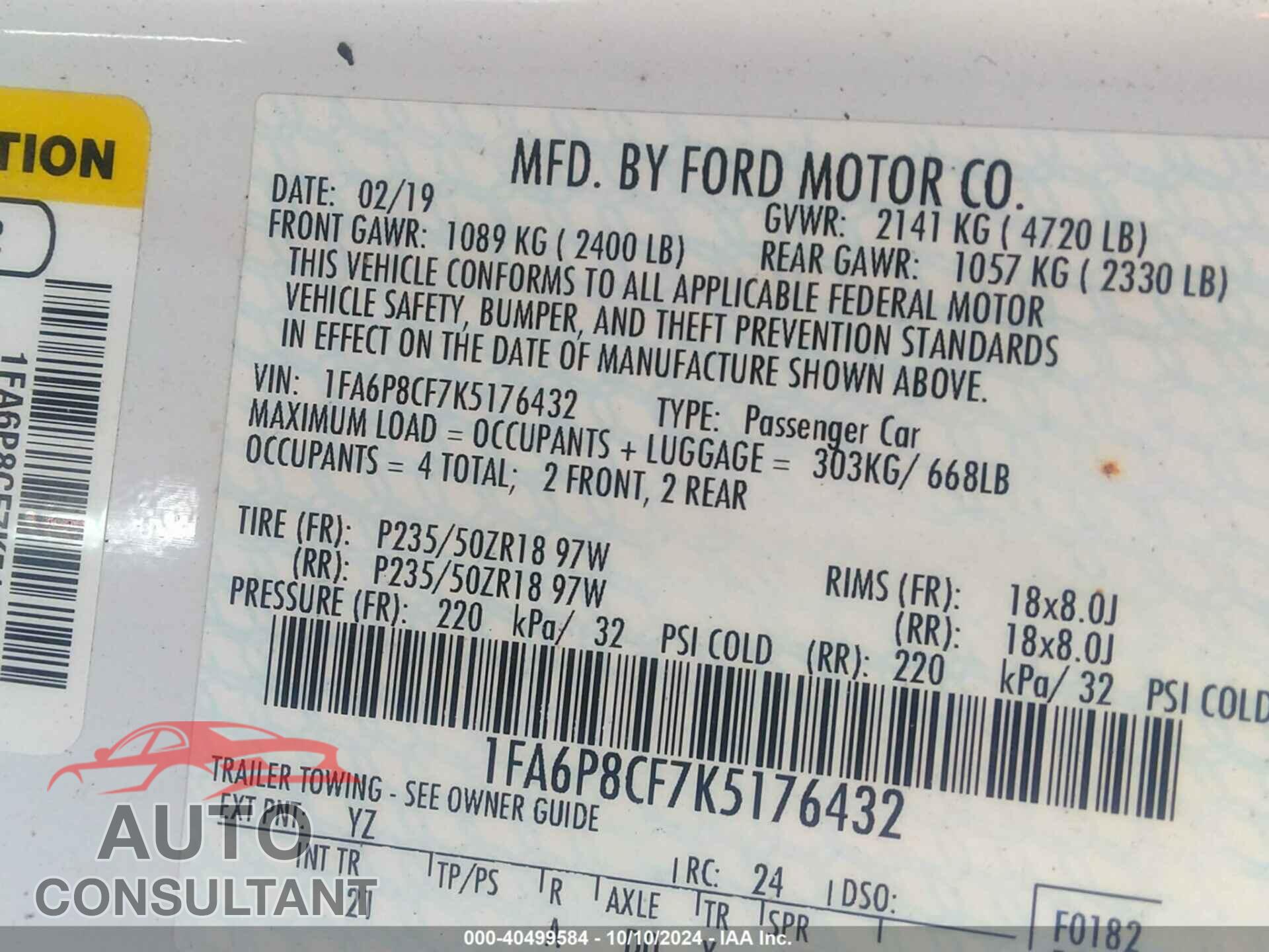 FORD MUSTANG 2019 - 1FA6P8CF7K5176432