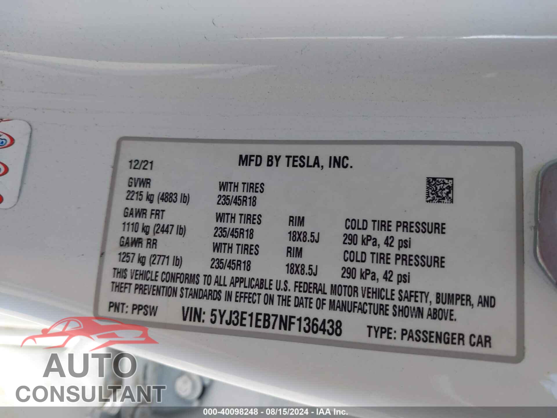 TESLA MODEL 3 2022 - 5YJ3E1EB7NF136438