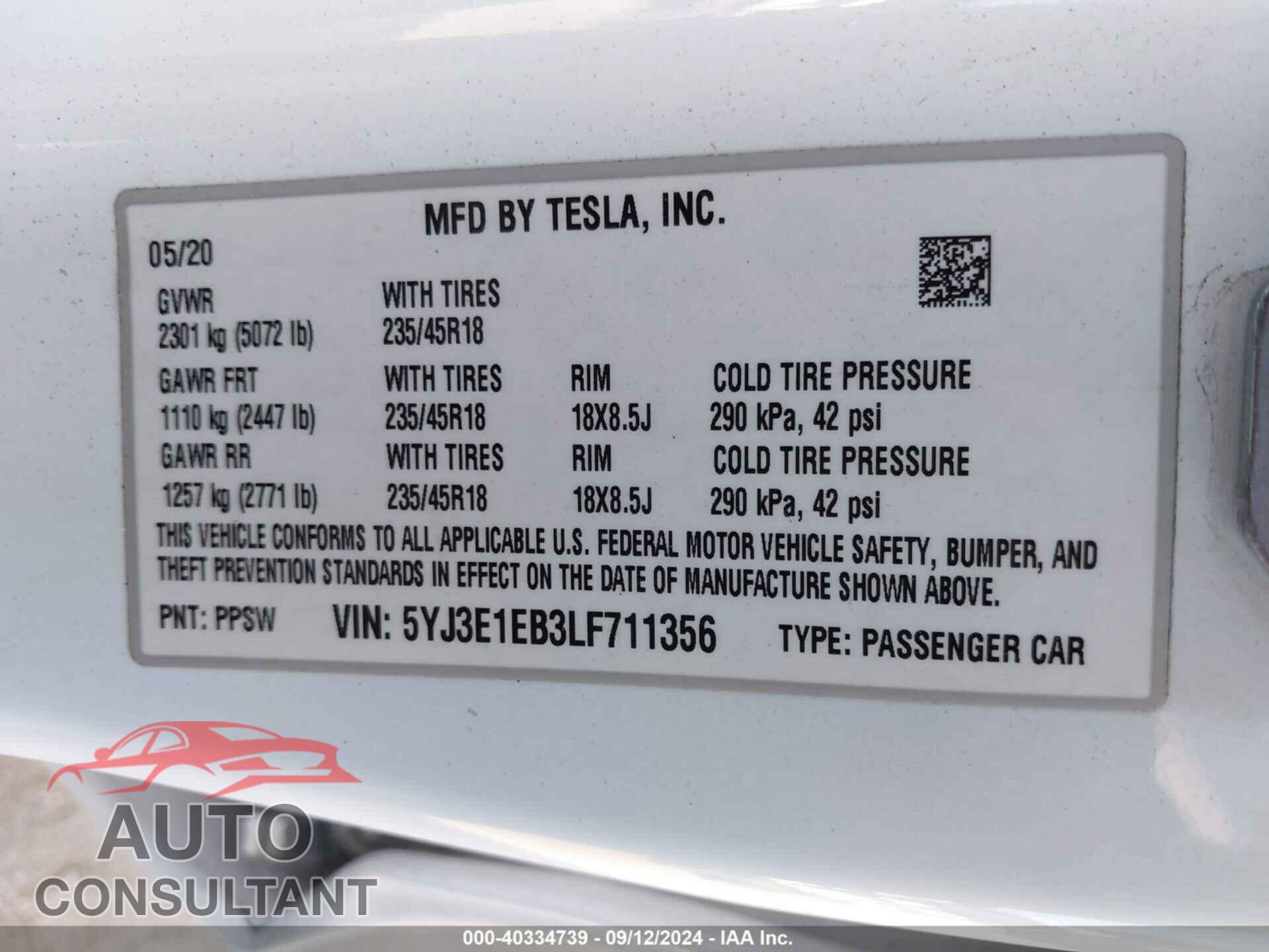 TESLA MODEL 3 2020 - 5YJ3E1EB3LF711356