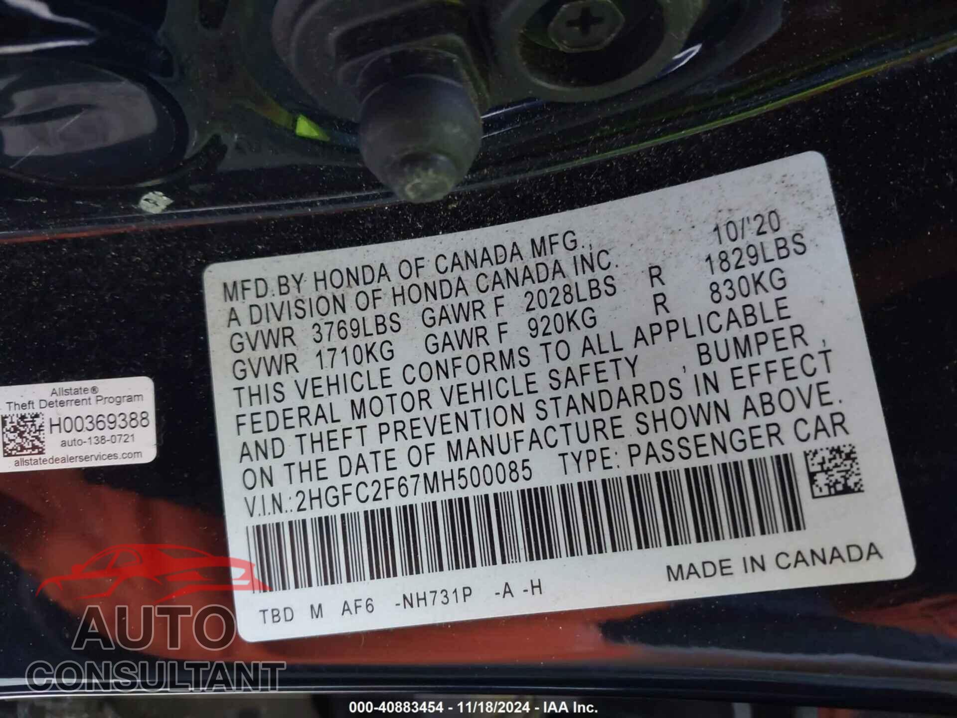 HONDA CIVIC 2021 - 2HGFC2F67MH500085