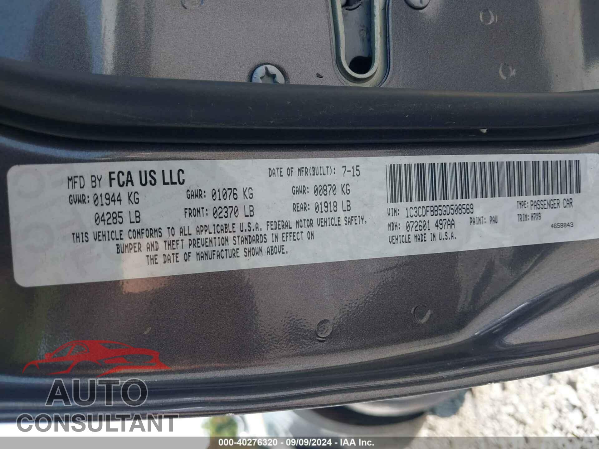DODGE DART 2016 - 1C3CDFBB5GD508569