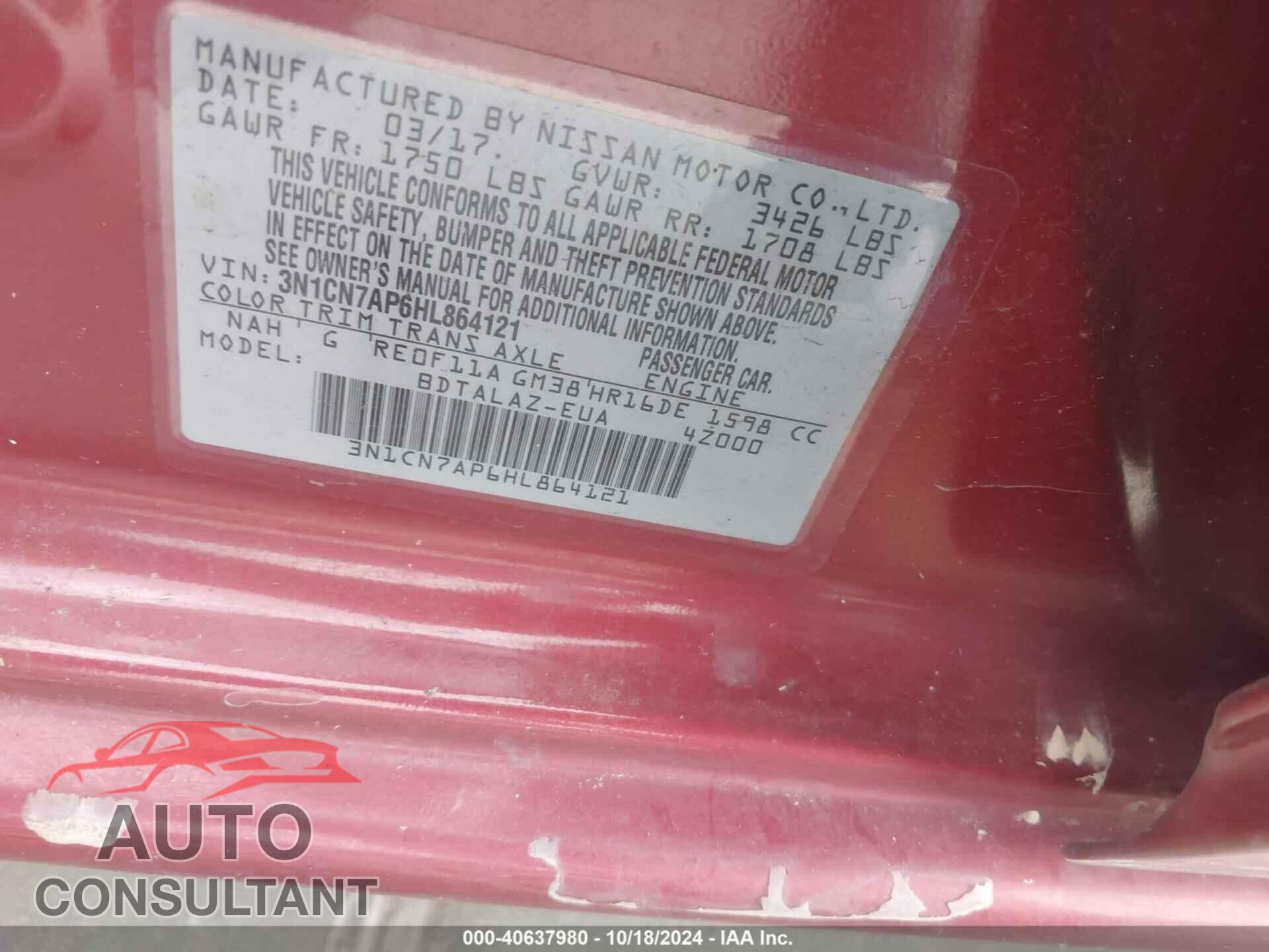 NISSAN VERSA 2017 - 3N1CN7AP6HL864121