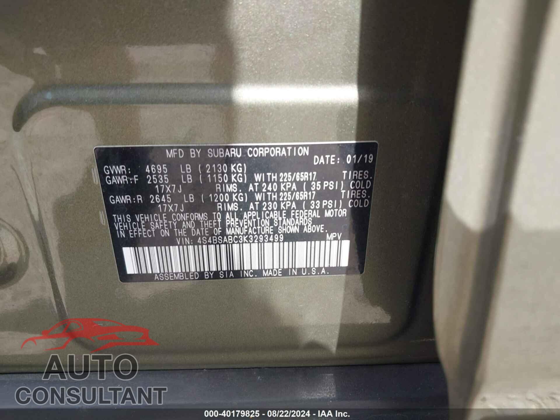 SUBARU OUTBACK 2019 - 4S4BSABC3K3293499