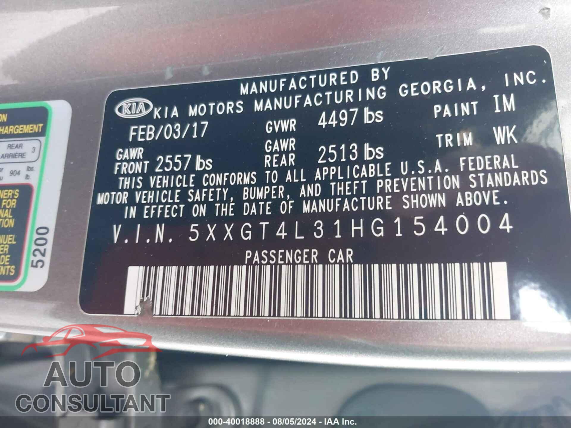 KIA OPTIMA 2017 - 5XXGT4L31HG154004