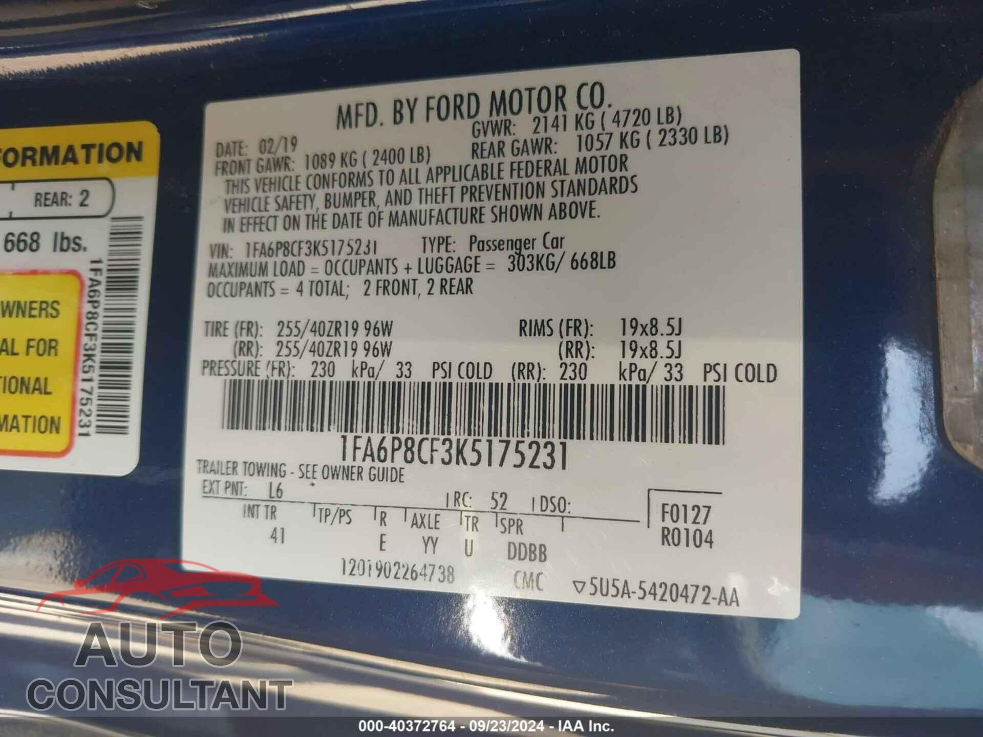 FORD MUSTANG 2019 - 1FA6P8CF3K5175231