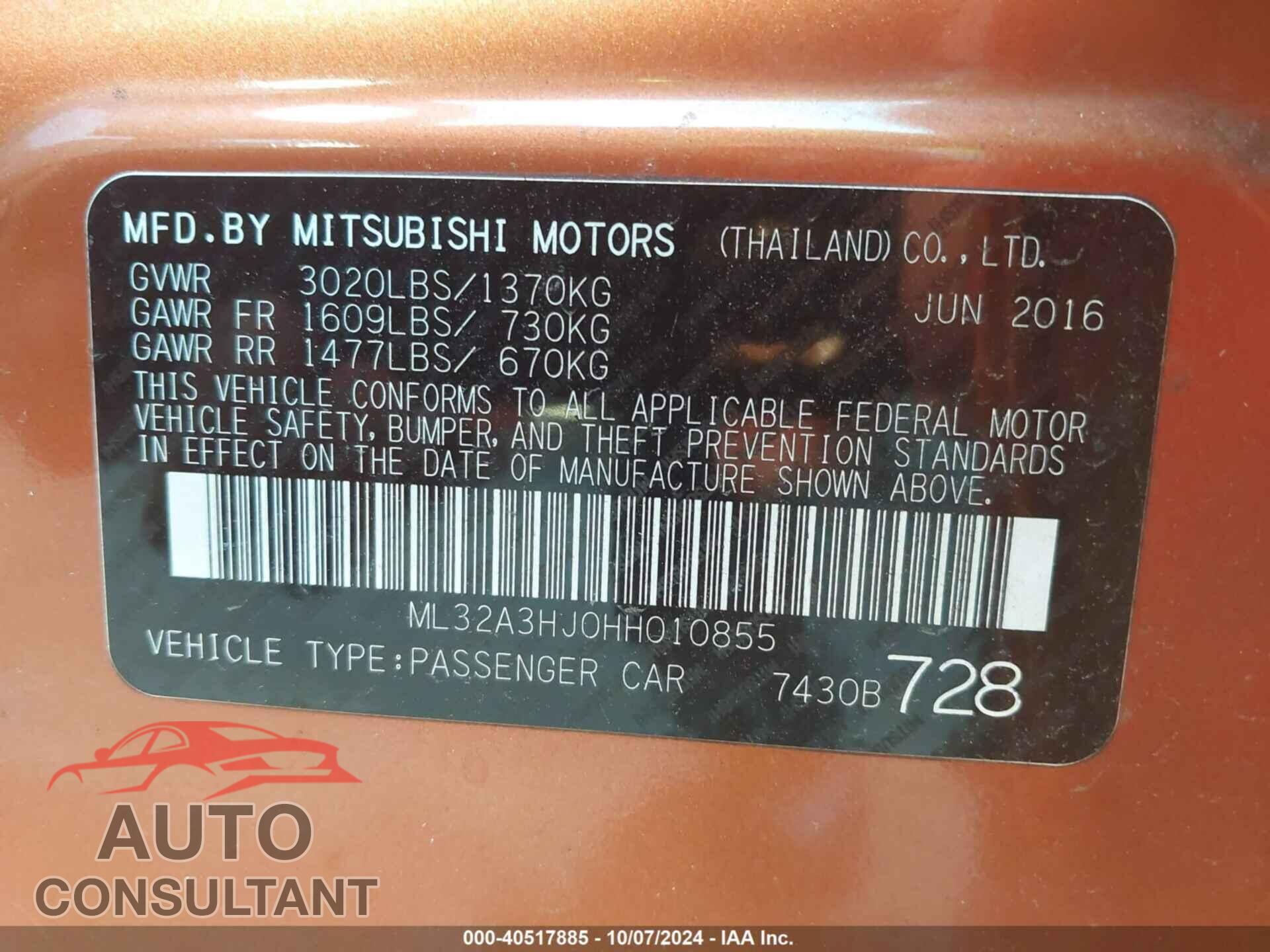 MITSUBISHI MIRAGE 2017 - ML32A3HJ0HH010855