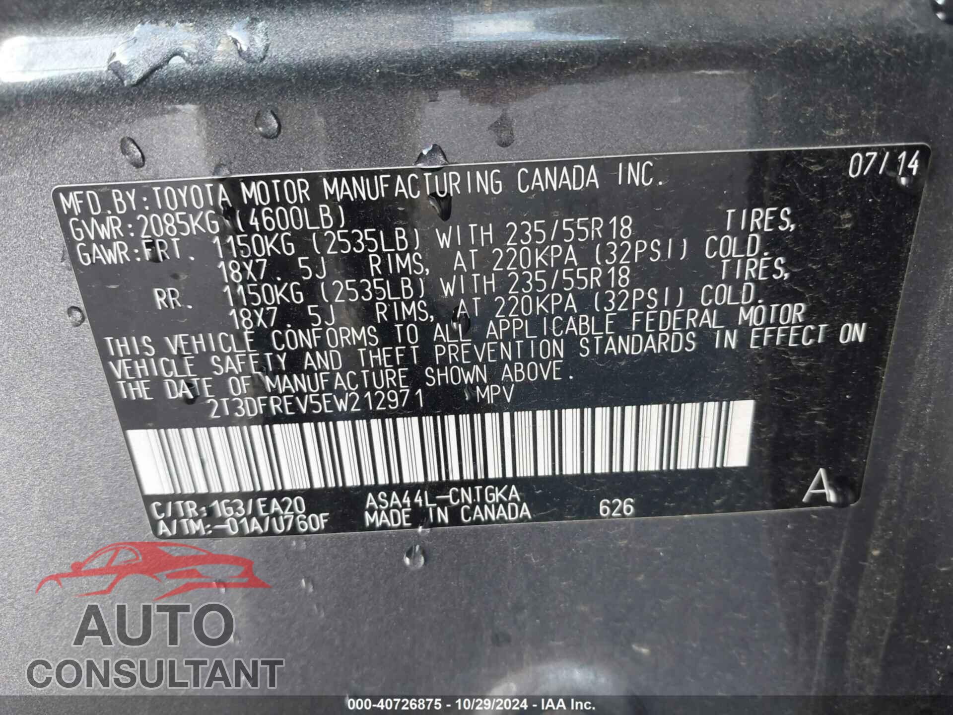 TOYOTA RAV4 2014 - 2T3DFREV5EW212971
