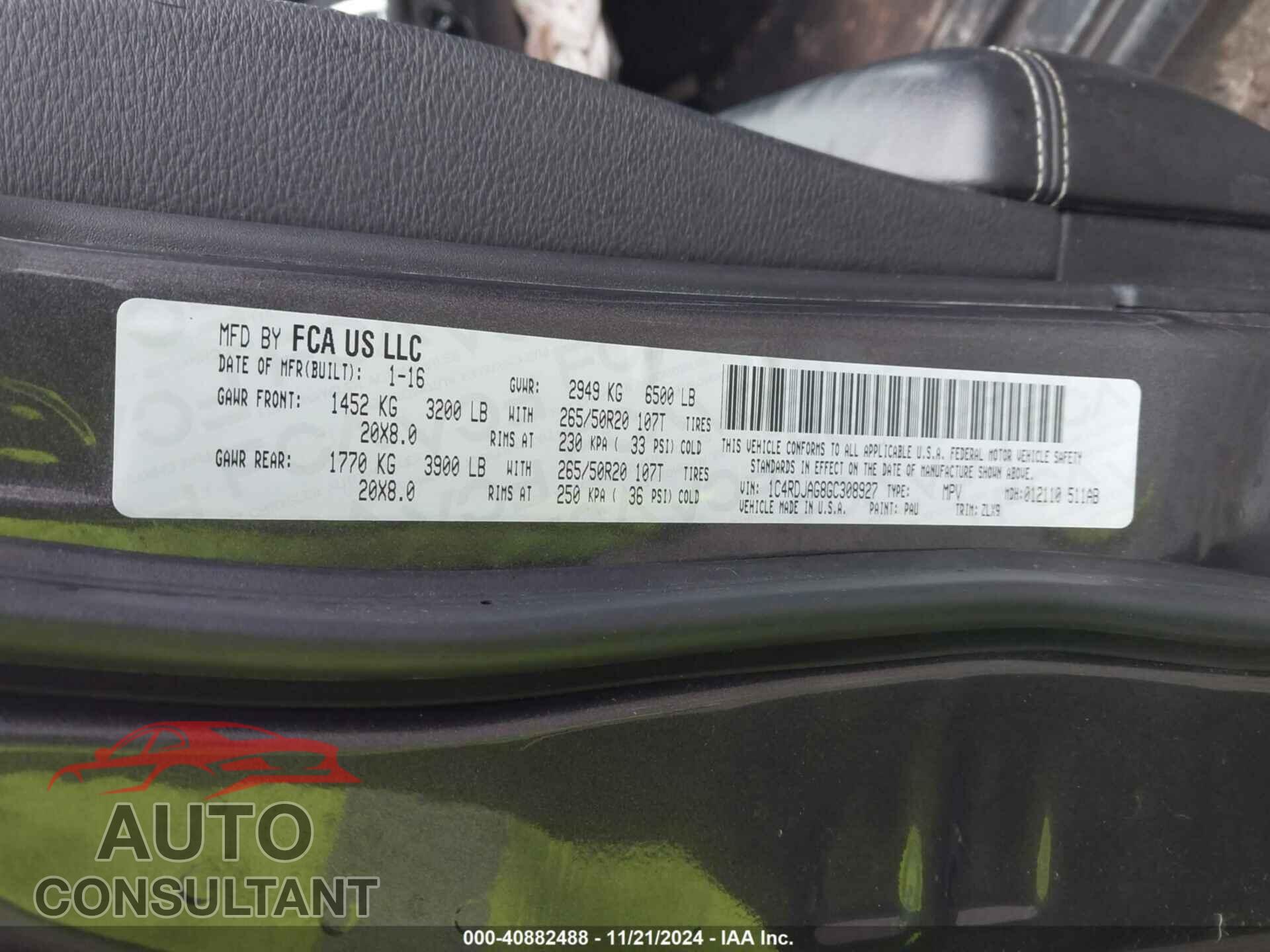 DODGE DURANGO 2016 - 1C4RDJAG8GC308927
