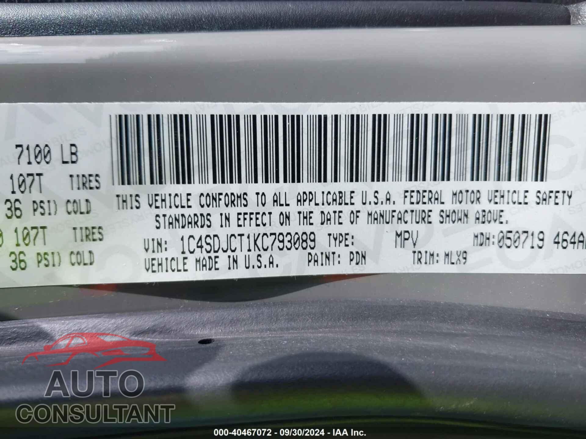 DODGE DURANGO 2019 - 1C4SDJCT1KC793089