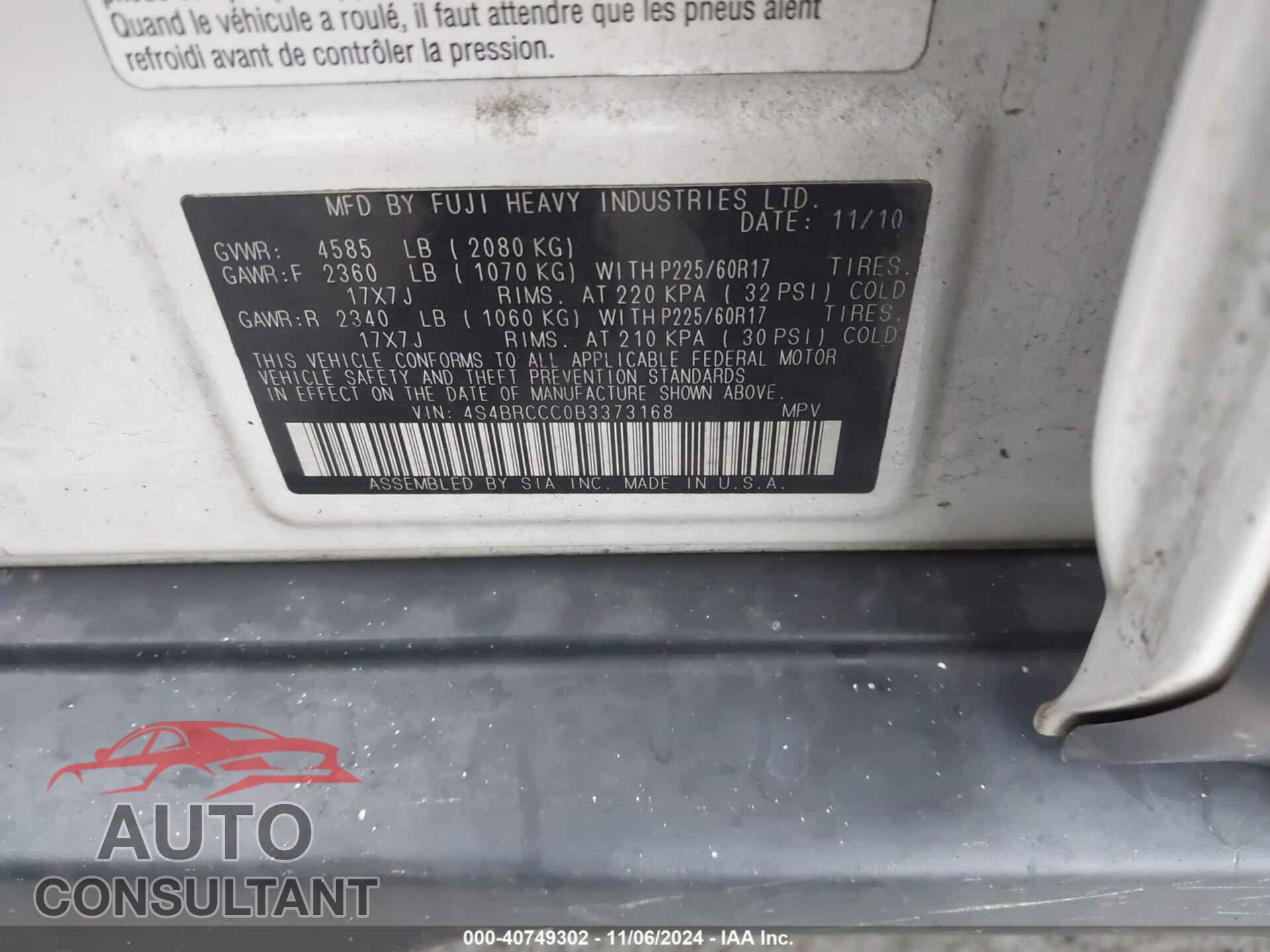 SUBARU OUTBACK 2011 - 4S4BRCCC0B3373168