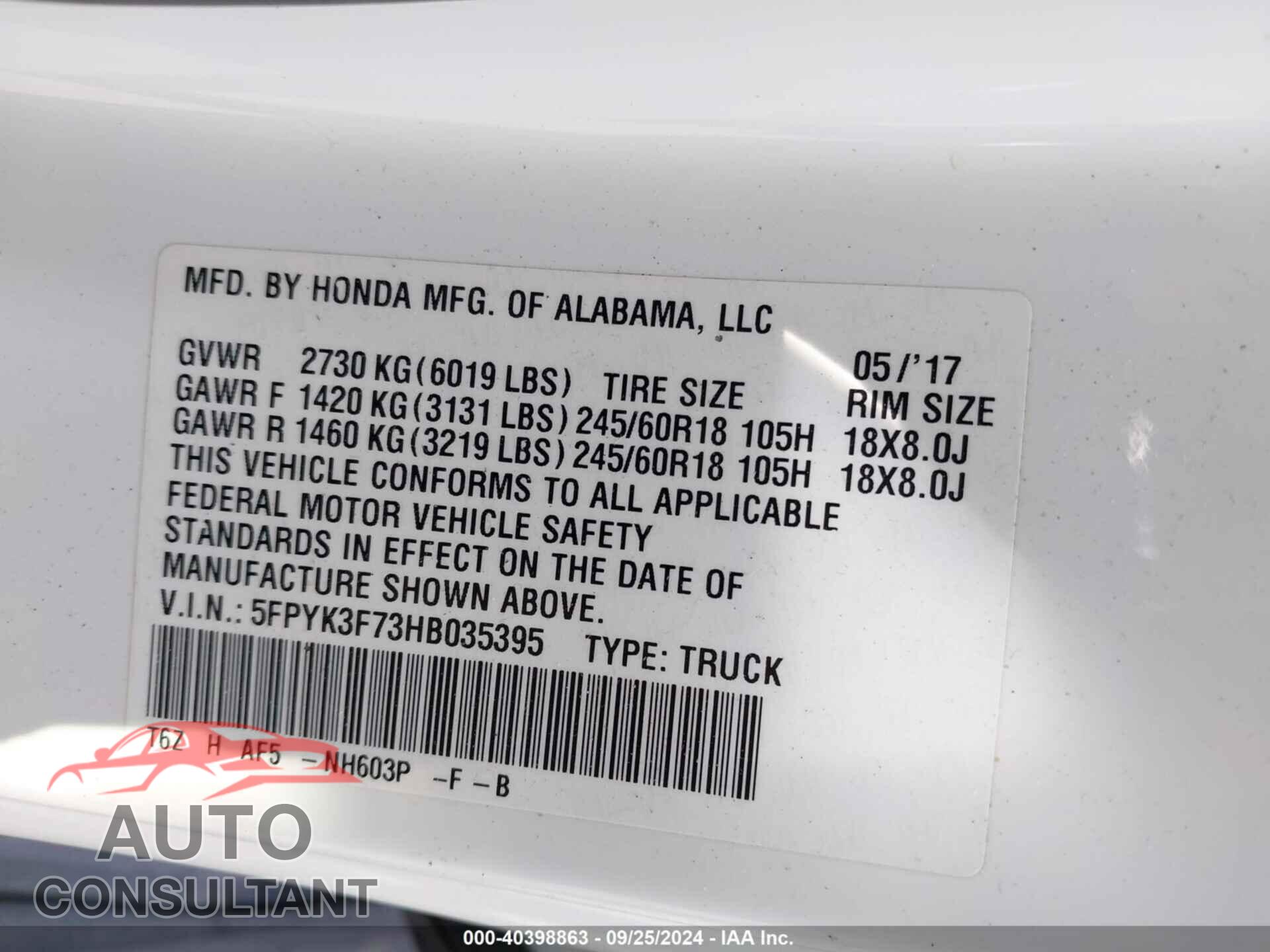 HONDA RIDGELINE 2017 - 5FPYK3F73HB035395