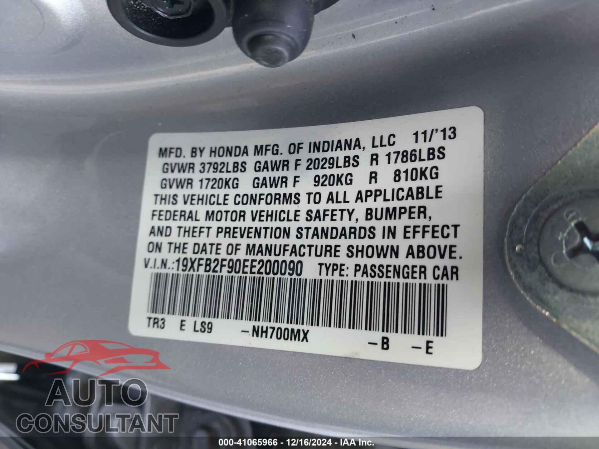 HONDA CIVIC 2014 - 19XFB2F90EE200090