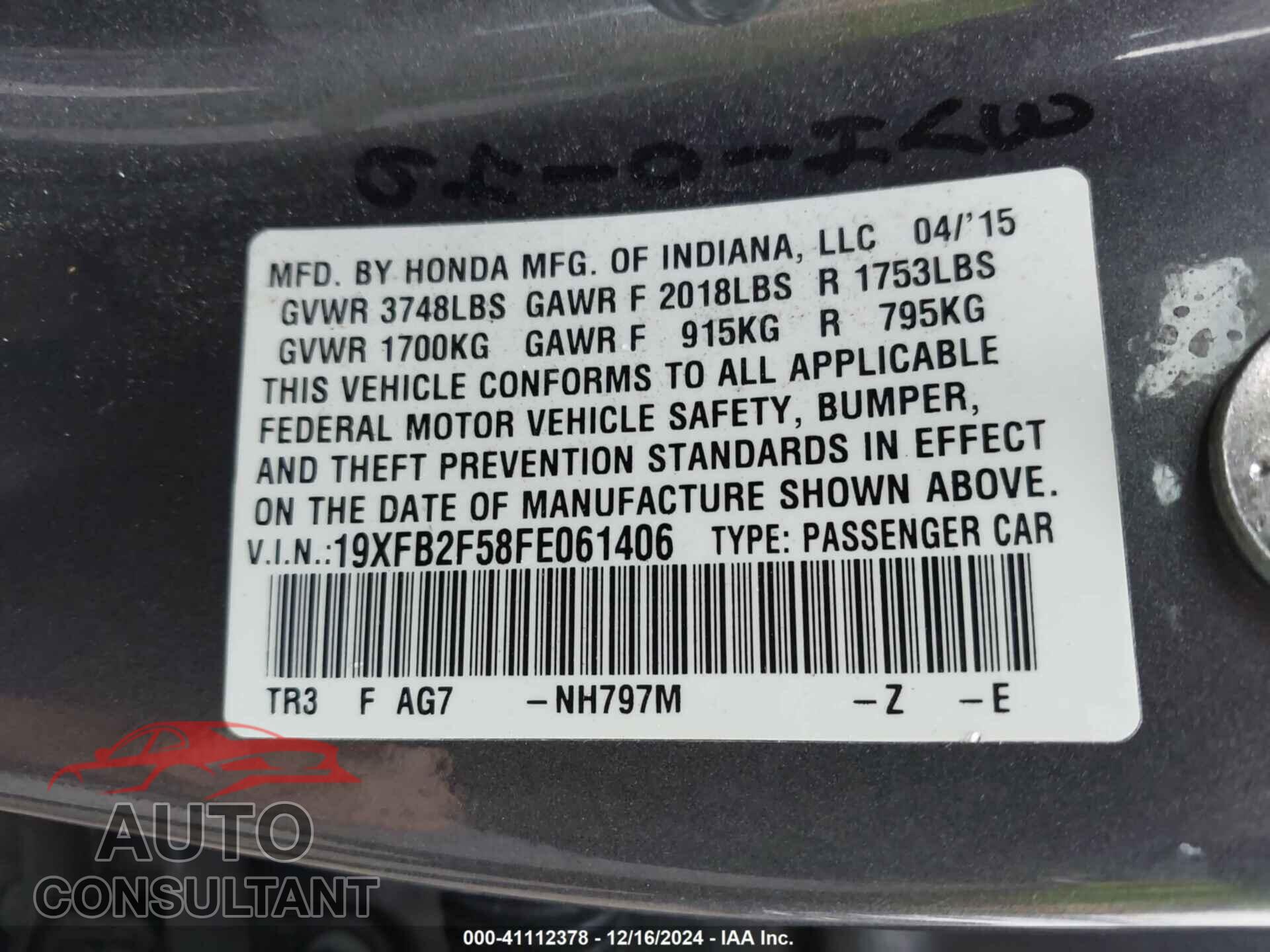 HONDA CIVIC 2015 - 19XFB2F58FE061406