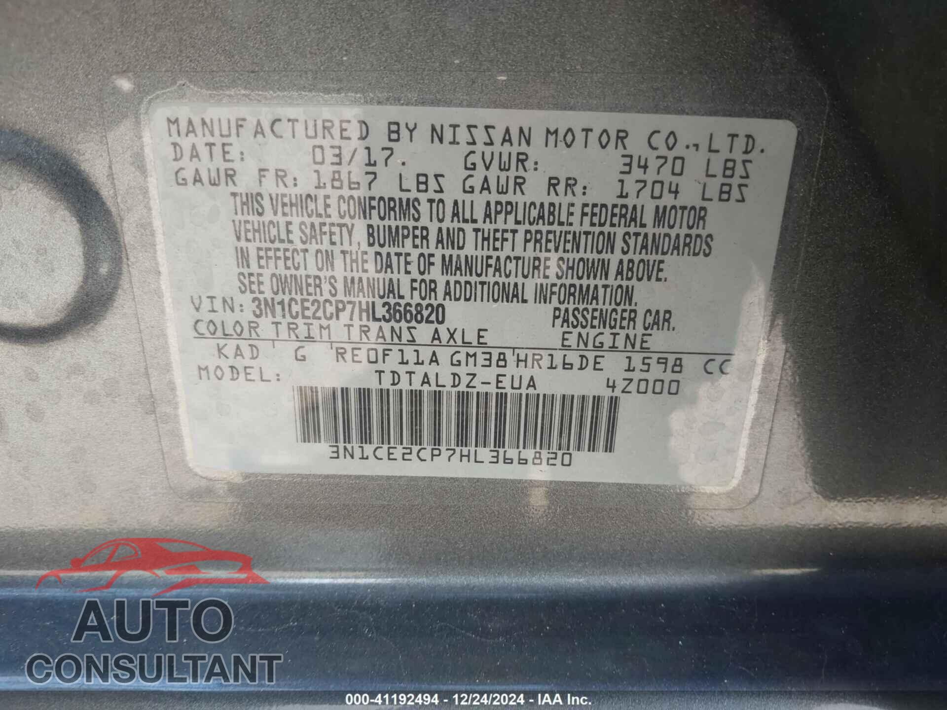 NISSAN VERSA NOTE 2017 - 3N1CE2CP7HL366820