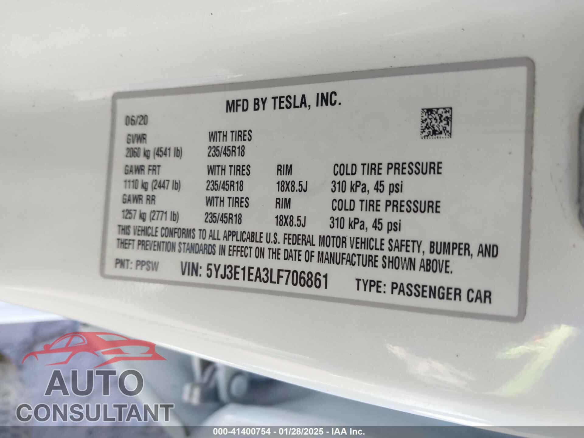 TESLA MODEL 3 2020 - 5YJ3E1EA3LF706861