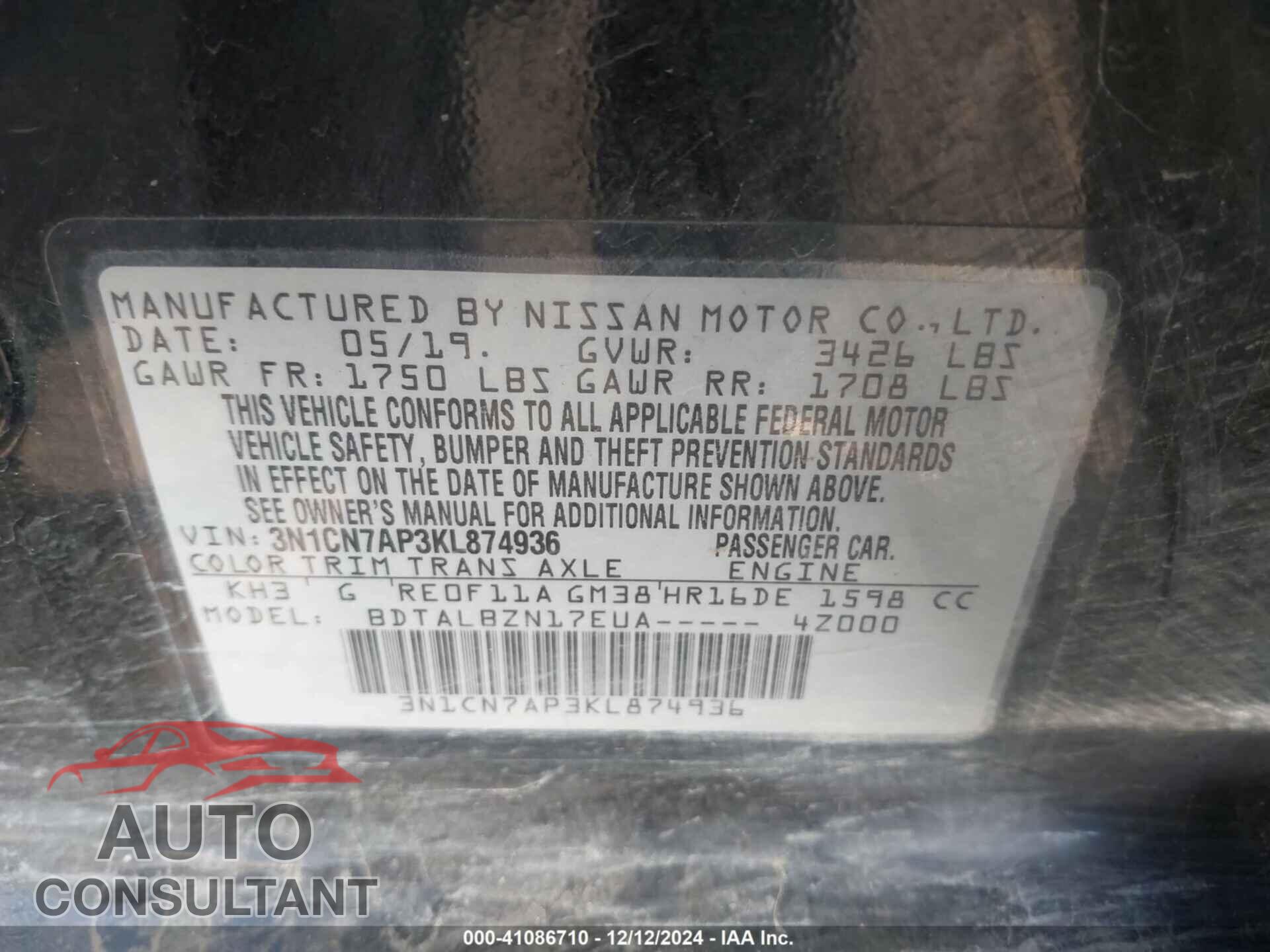 NISSAN VERSA 2019 - 3N1CN7AP3KL874936