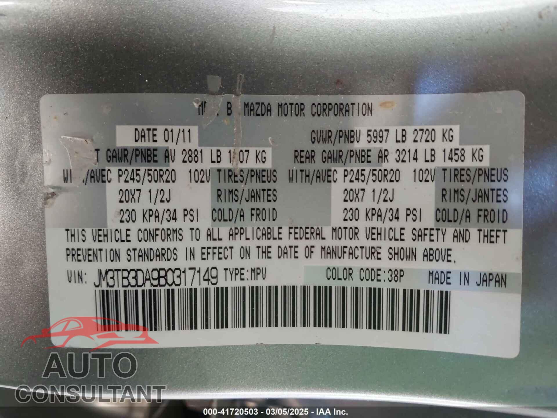 MAZDA CX-9 2011 - JM3TB3DA9B0317149