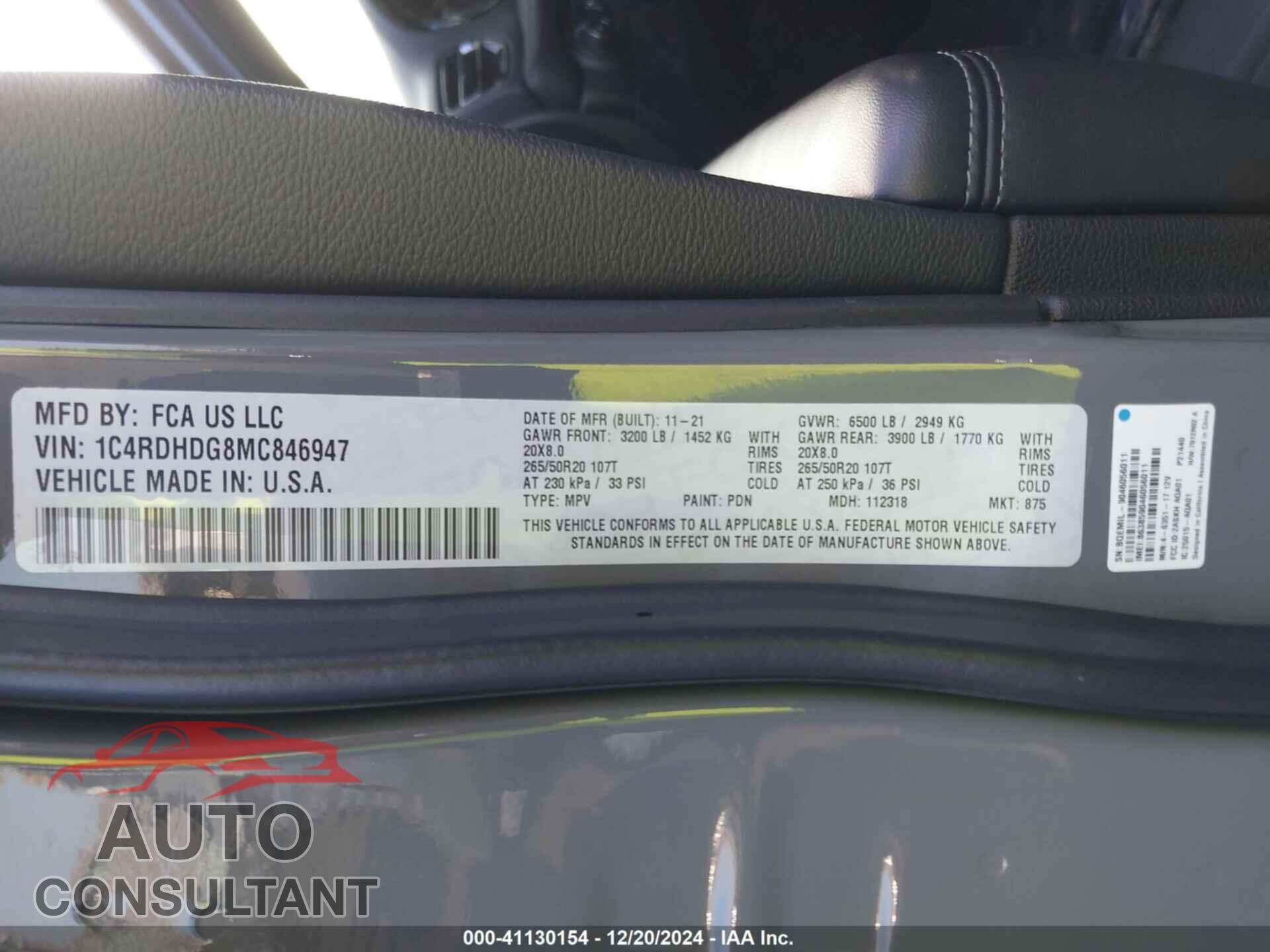 DODGE DURANGO 2021 - 1C4RDHDG8MC846947
