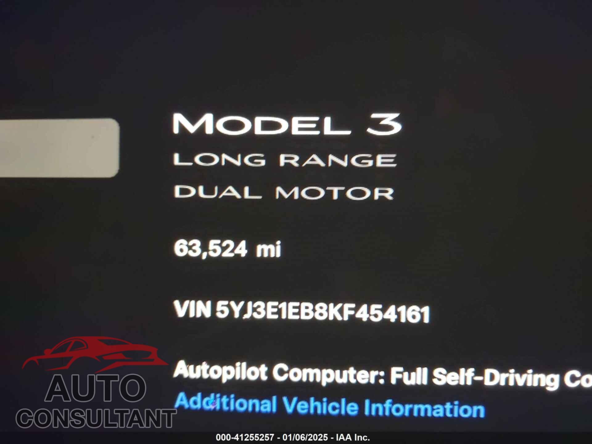 TESLA MODEL 3 2019 - 5YJ3E1EB8KF454161