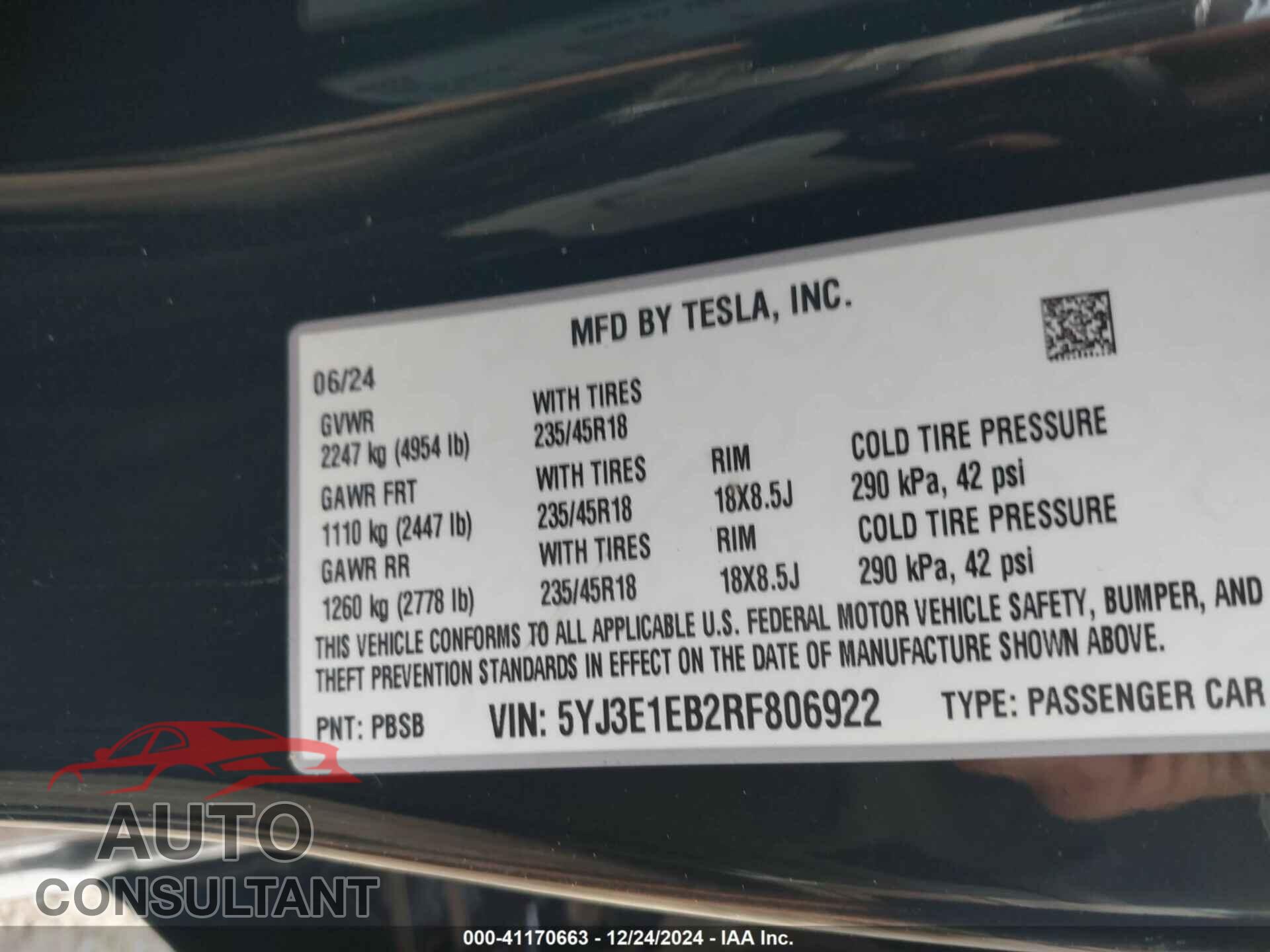 TESLA MODEL 3 2024 - 5YJ3E1EB2RF806922