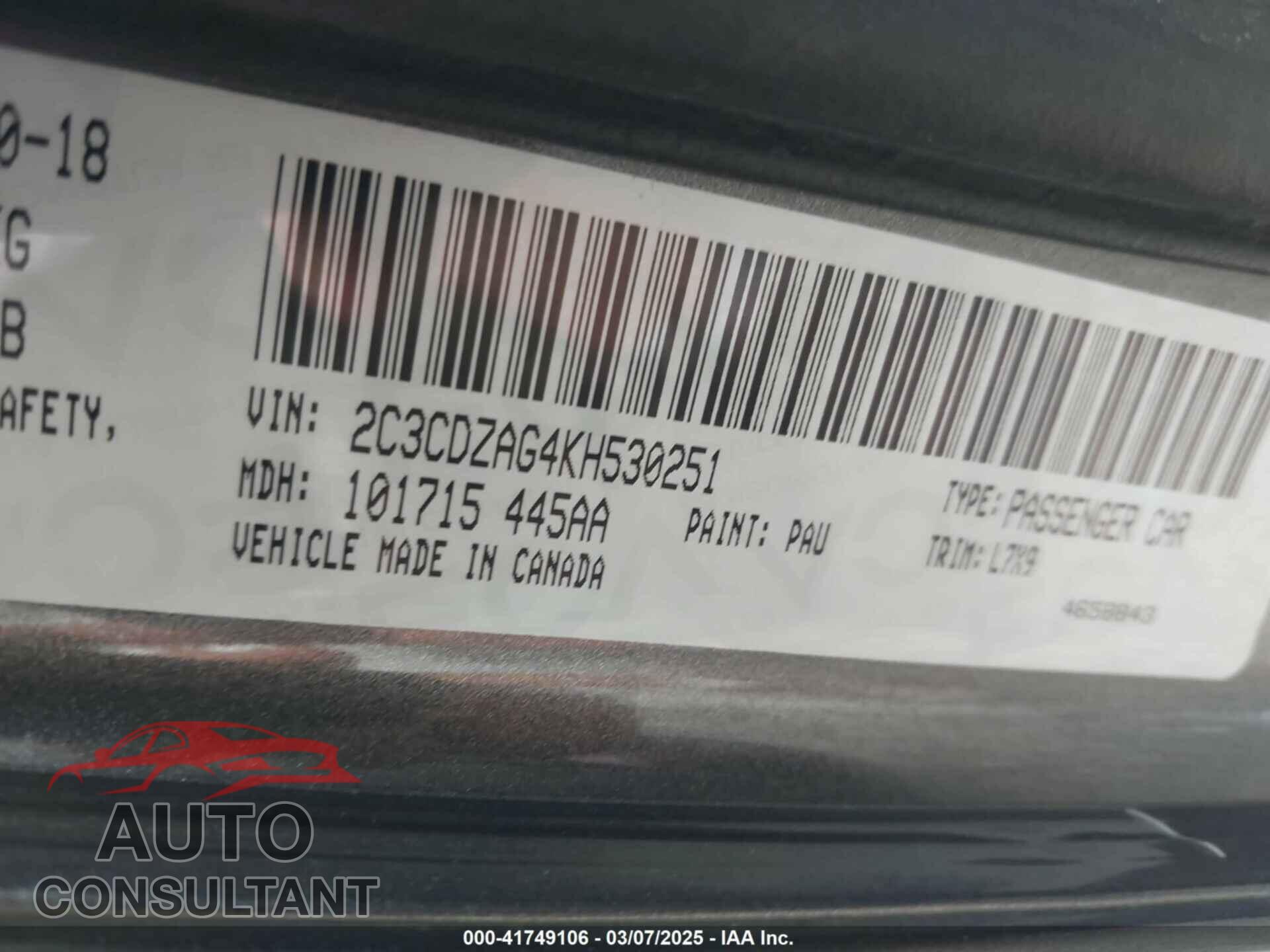 DODGE CHALLENGER 2019 - 2C3CDZAG4KH530251