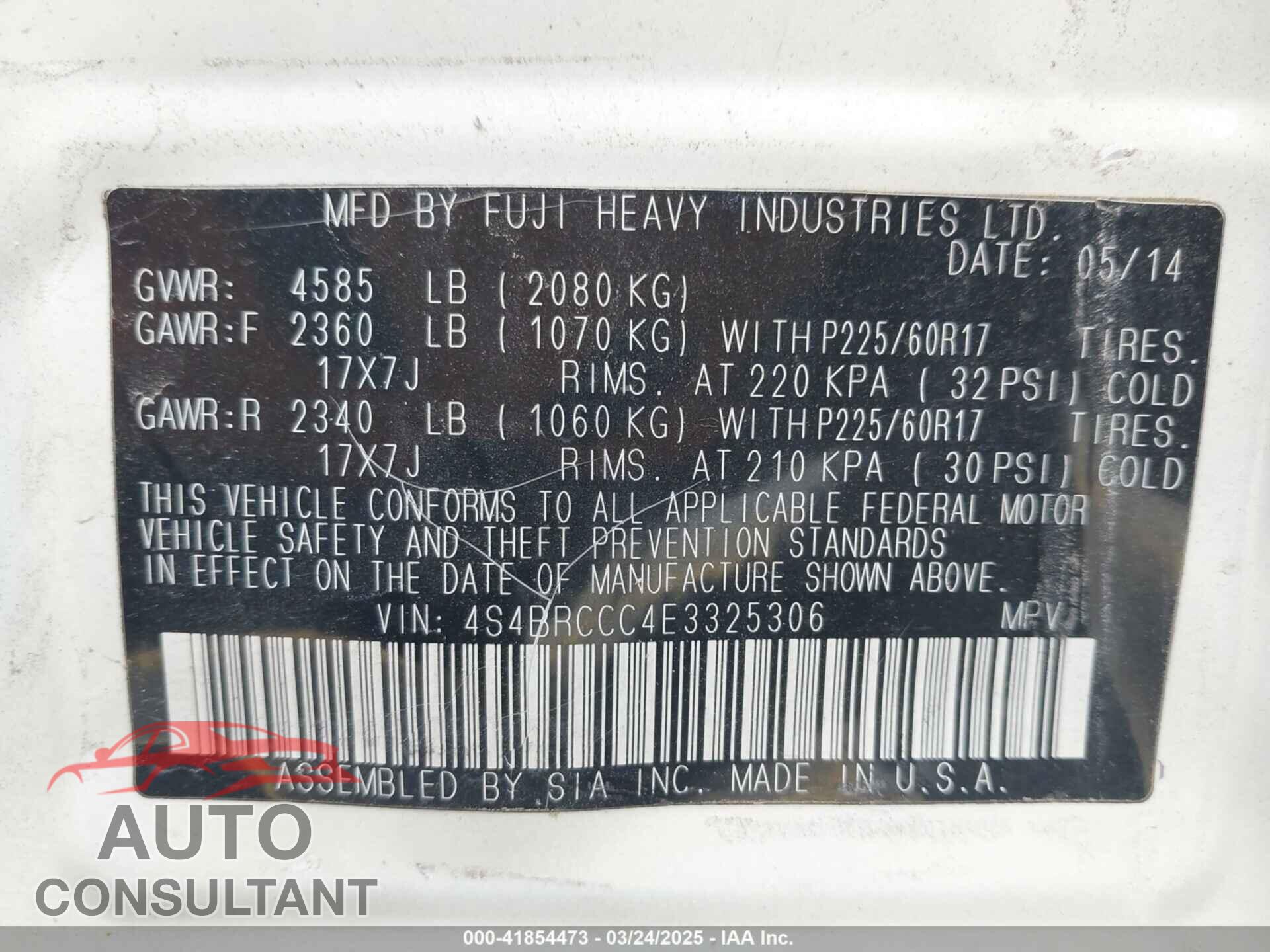 SUBARU OUTBACK 2014 - 4S4BRCCC4E3325306