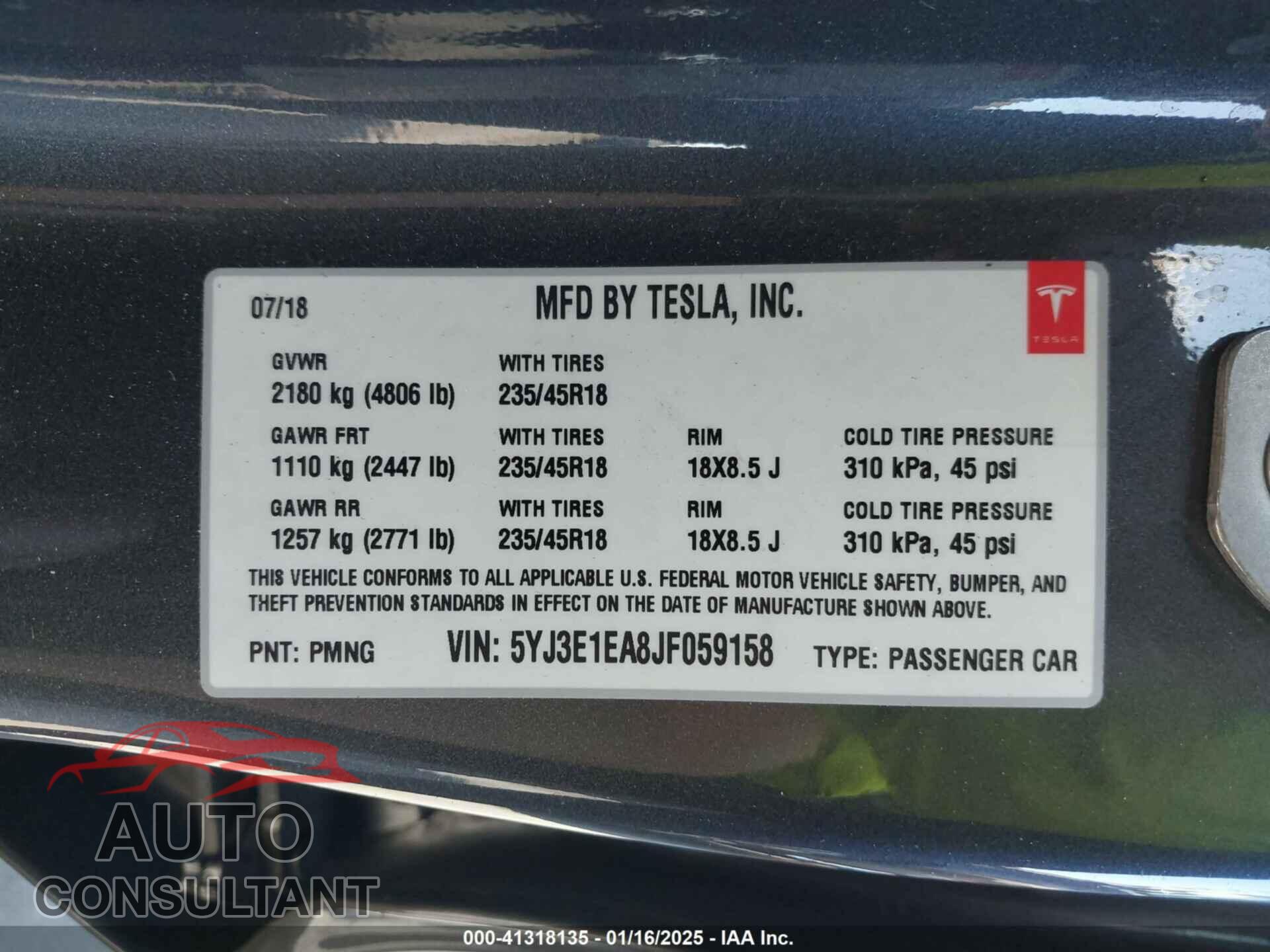 TESLA MODEL 3 2018 - 5YJ3E1EA8JF059158