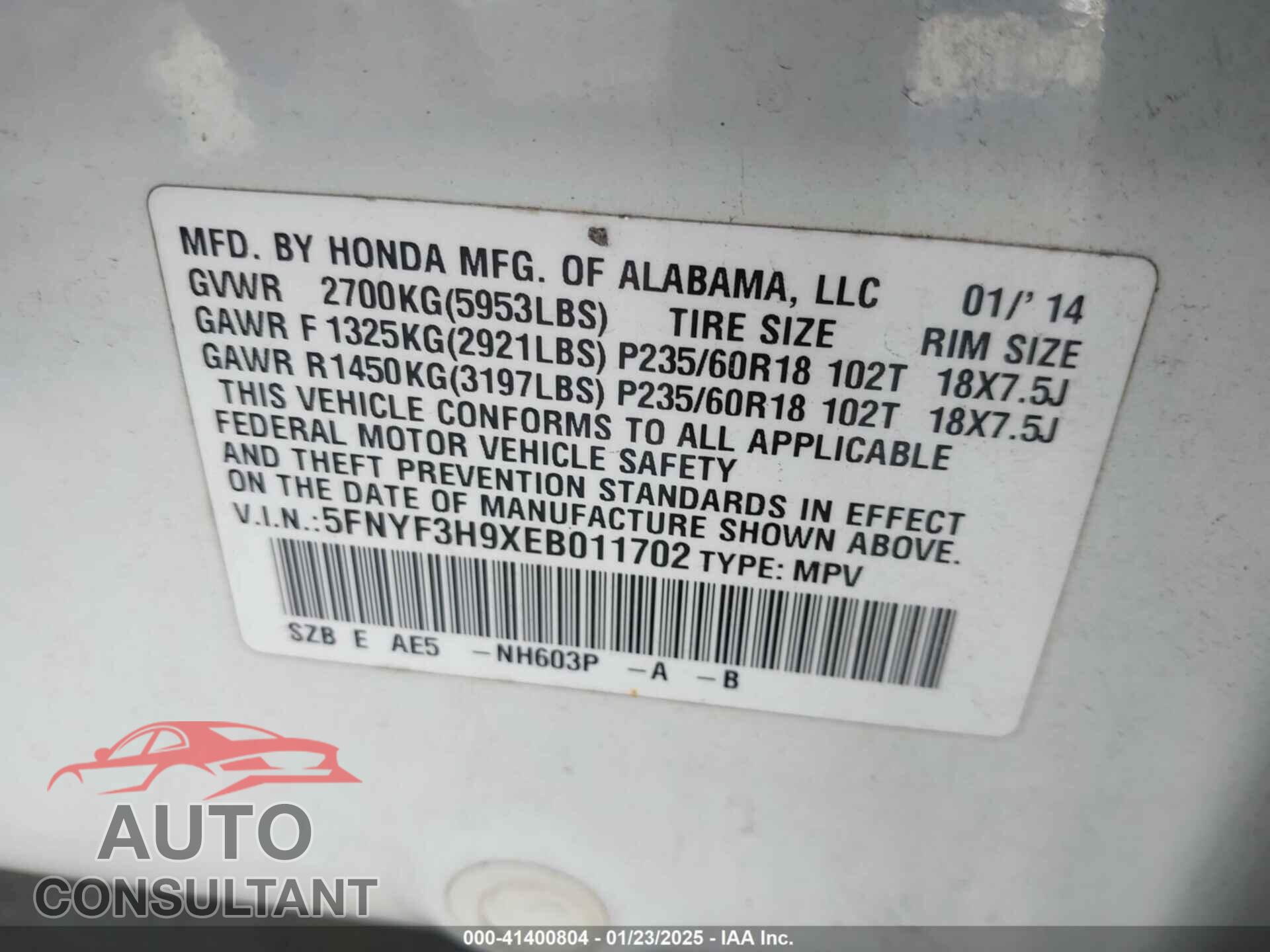 HONDA PILOT 2014 - 5FNYF3H9XEB011702