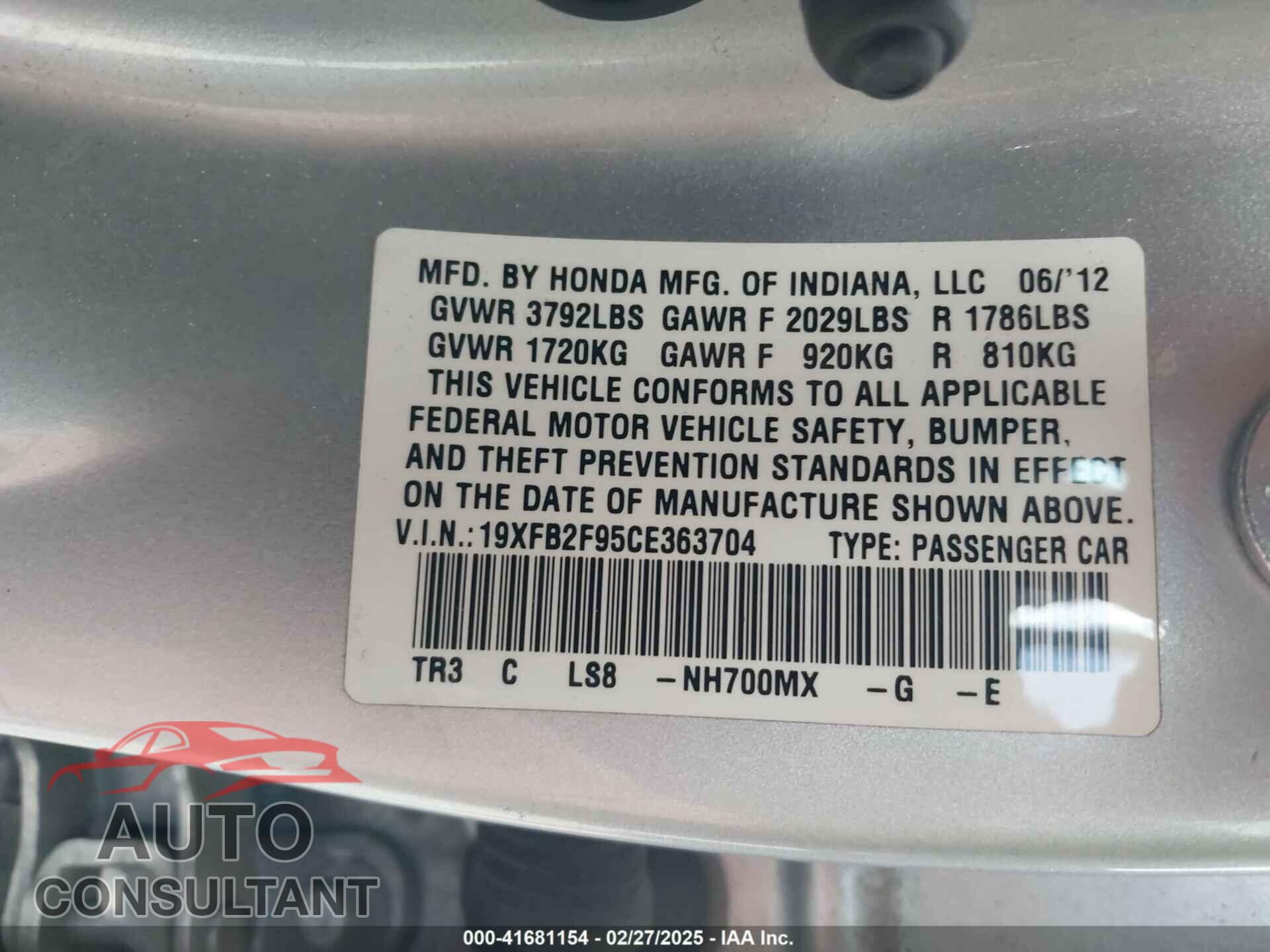 HONDA CIVIC 2012 - 19XFB2F95CE363704