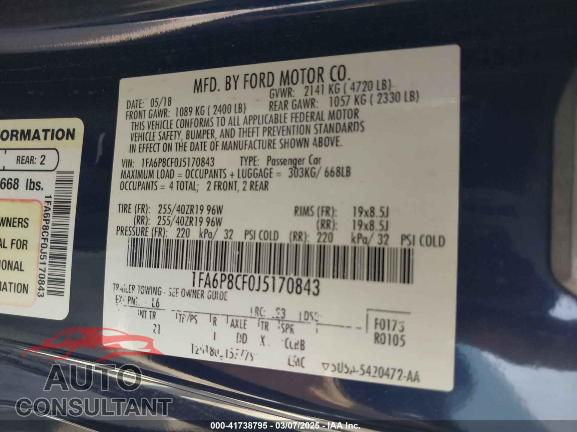 FORD MUSTANG 2018 - 1FA6P8CF0J5170843
