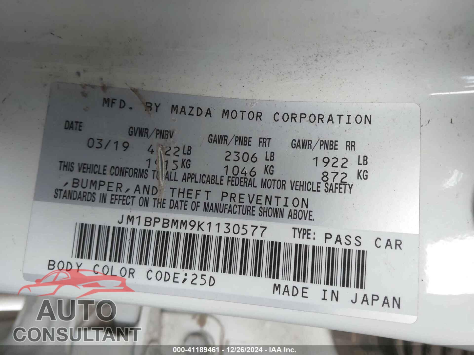 MAZDA MAZDA3 2019 - JM1BPBMM9K1130577