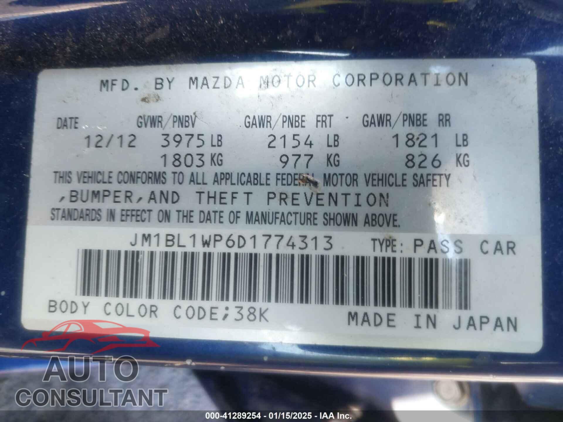 MAZDA MAZDA3 2013 - JM1BL1WP6D1774313