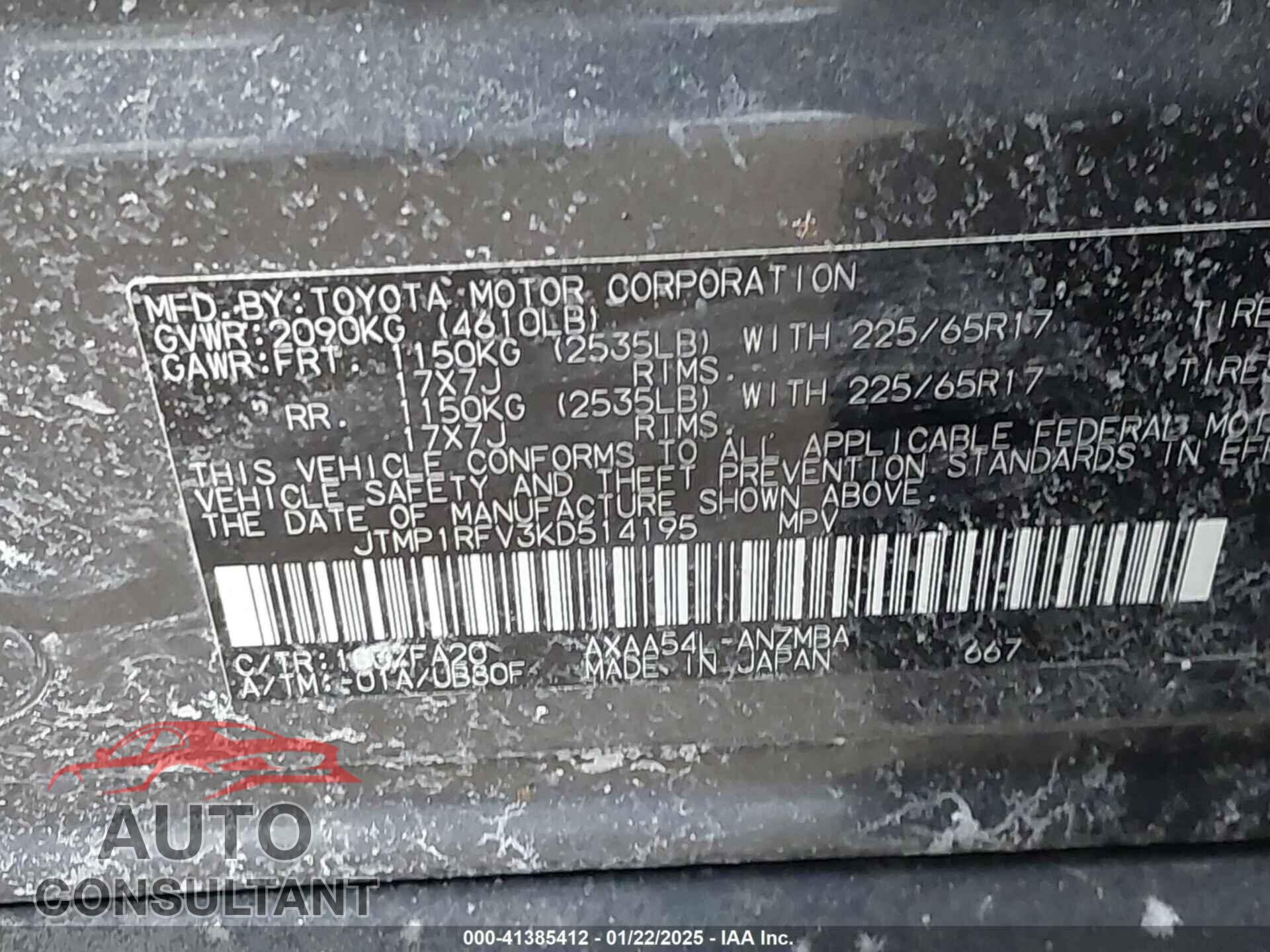 TOYOTA RAV4 2019 - JTMP1RFV3KD514195