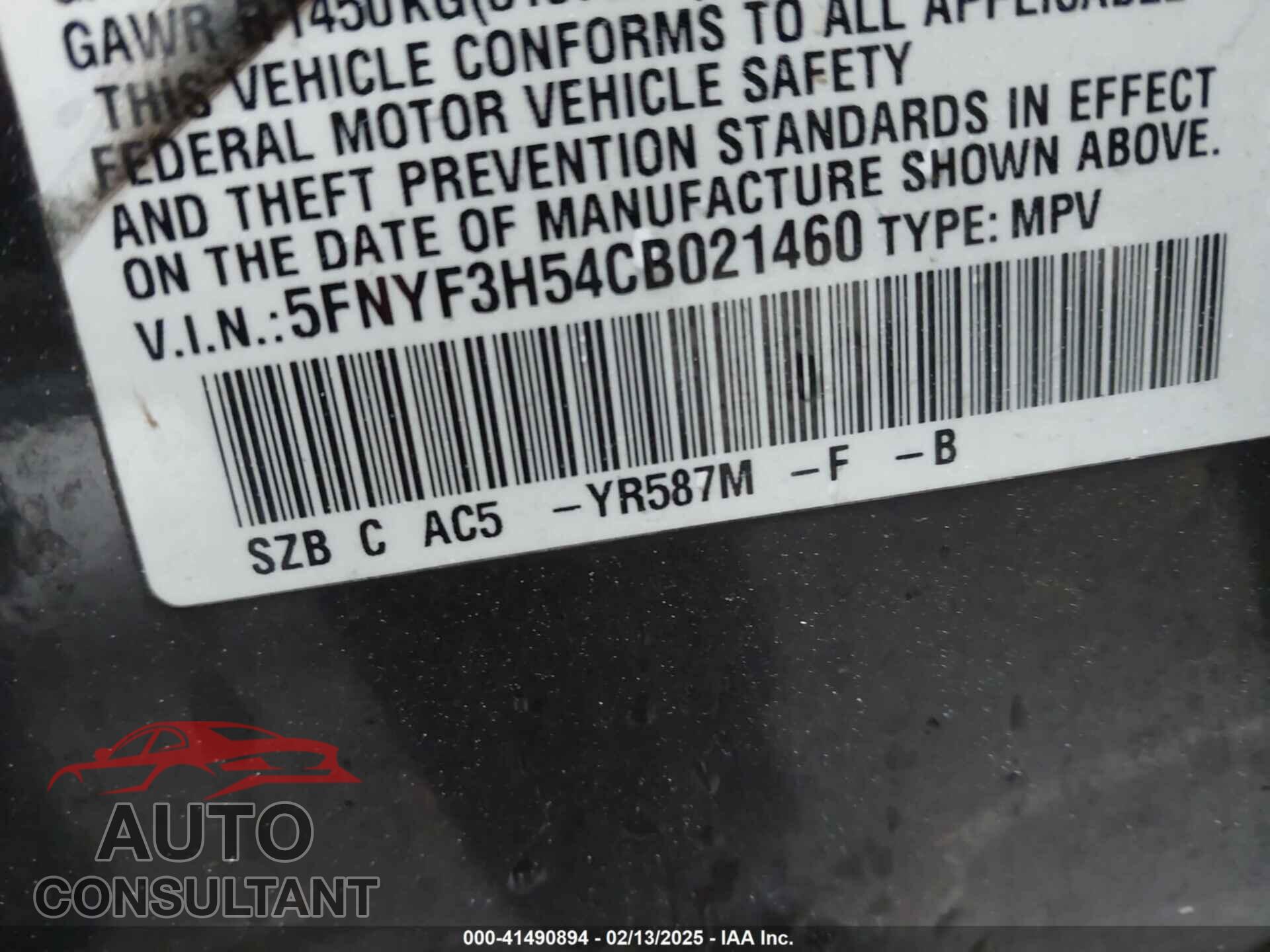 HONDA PILOT 2012 - 5FNYF3H54CB021460