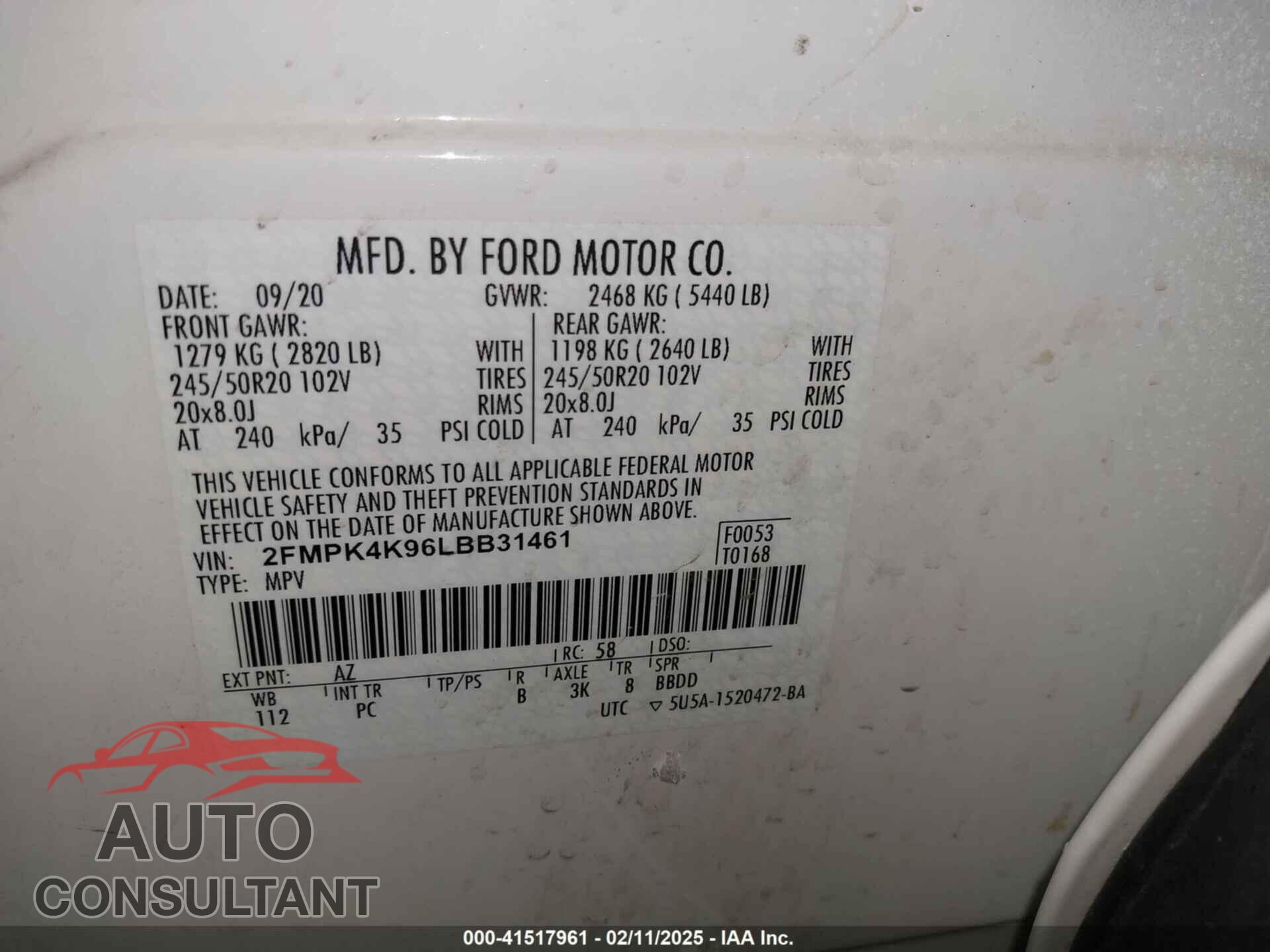 FORD EDGE 2020 - 2FMPK4K96LBB31461