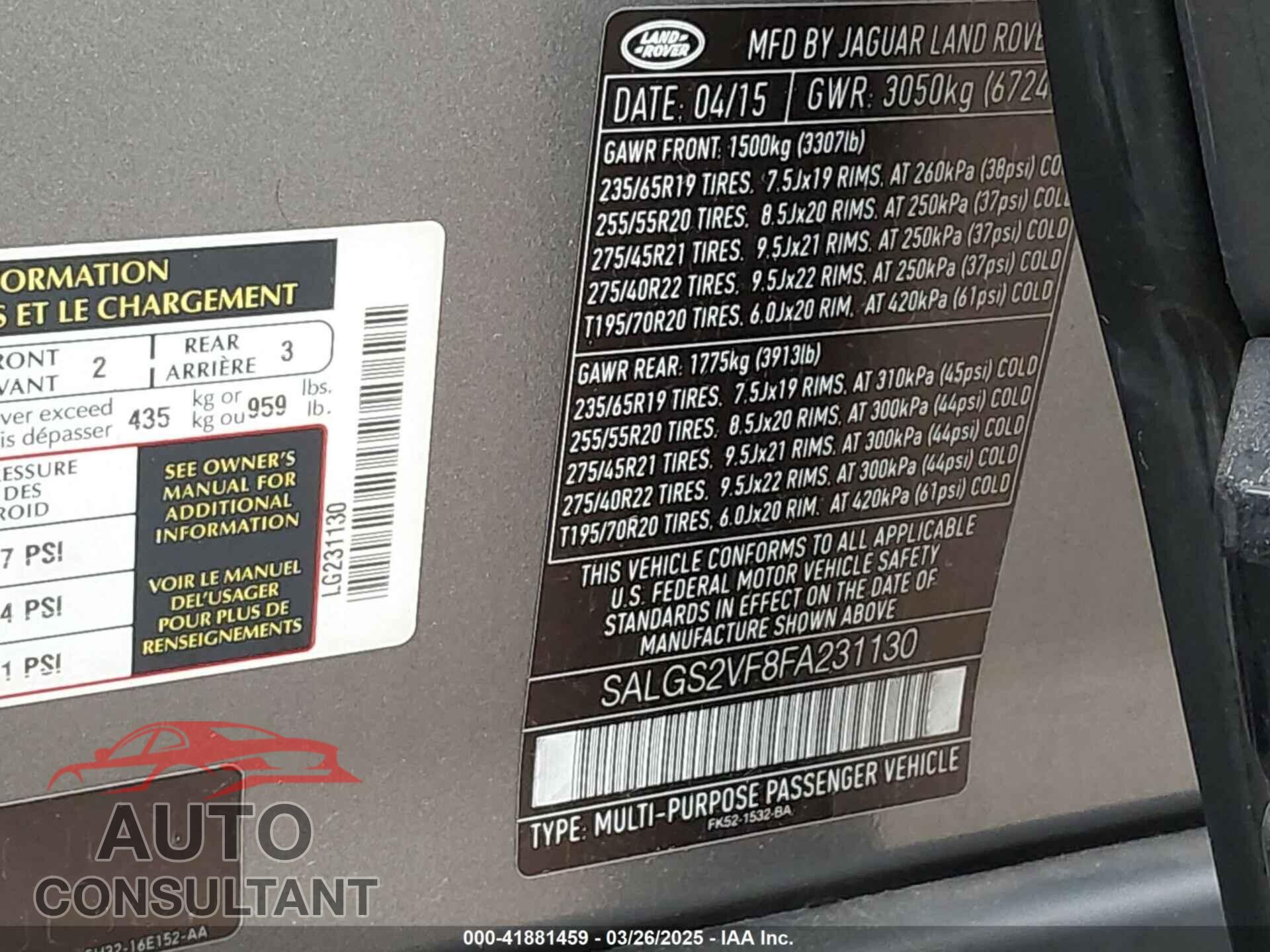 LAND ROVER RANGE ROVER 2015 - SALGS2VF8FA231130