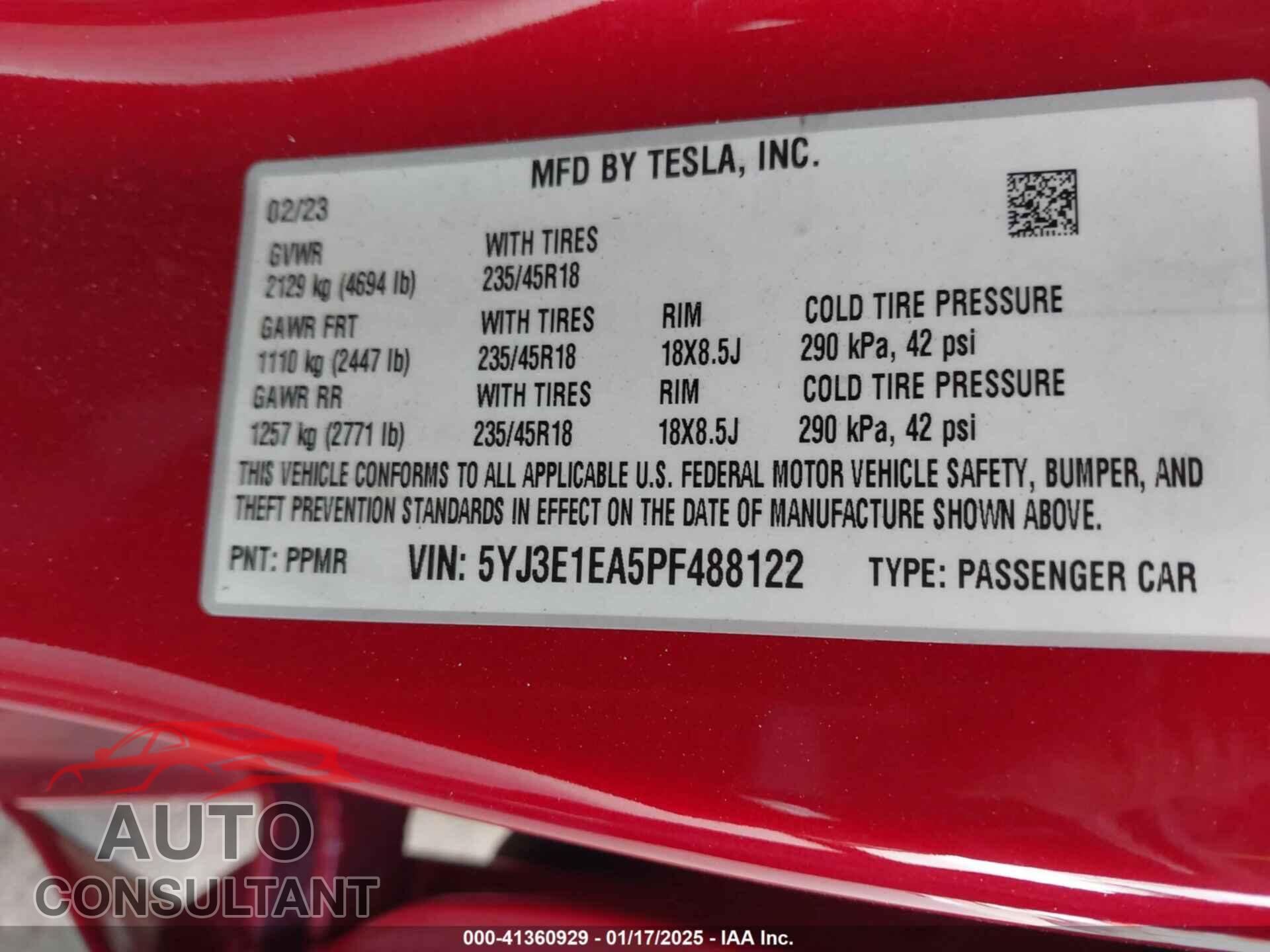 TESLA MODEL 3 2023 - 5YJ3E1EA5PF488122