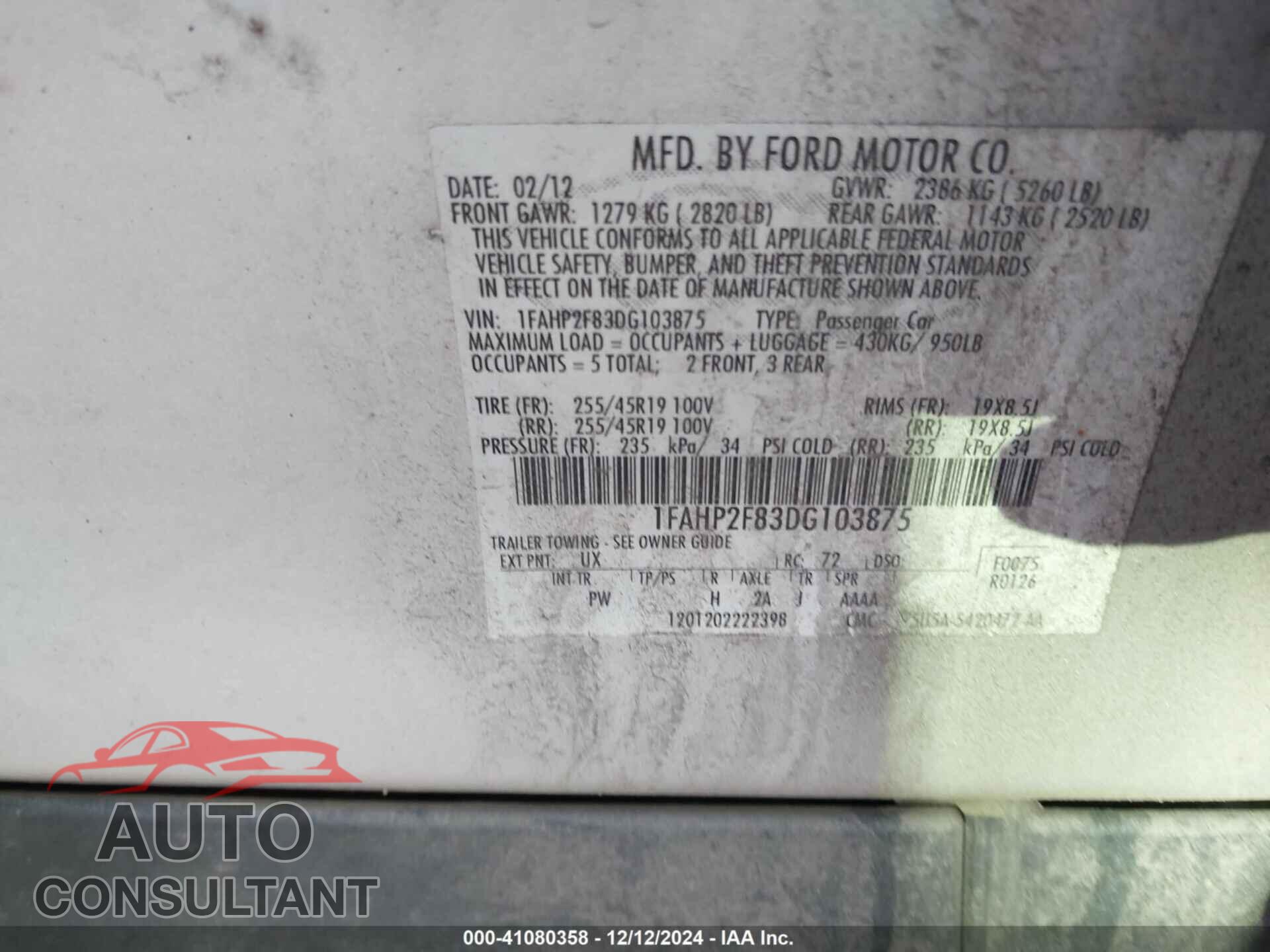FORD TAURUS 2013 - 1FAHP2F83DG103875