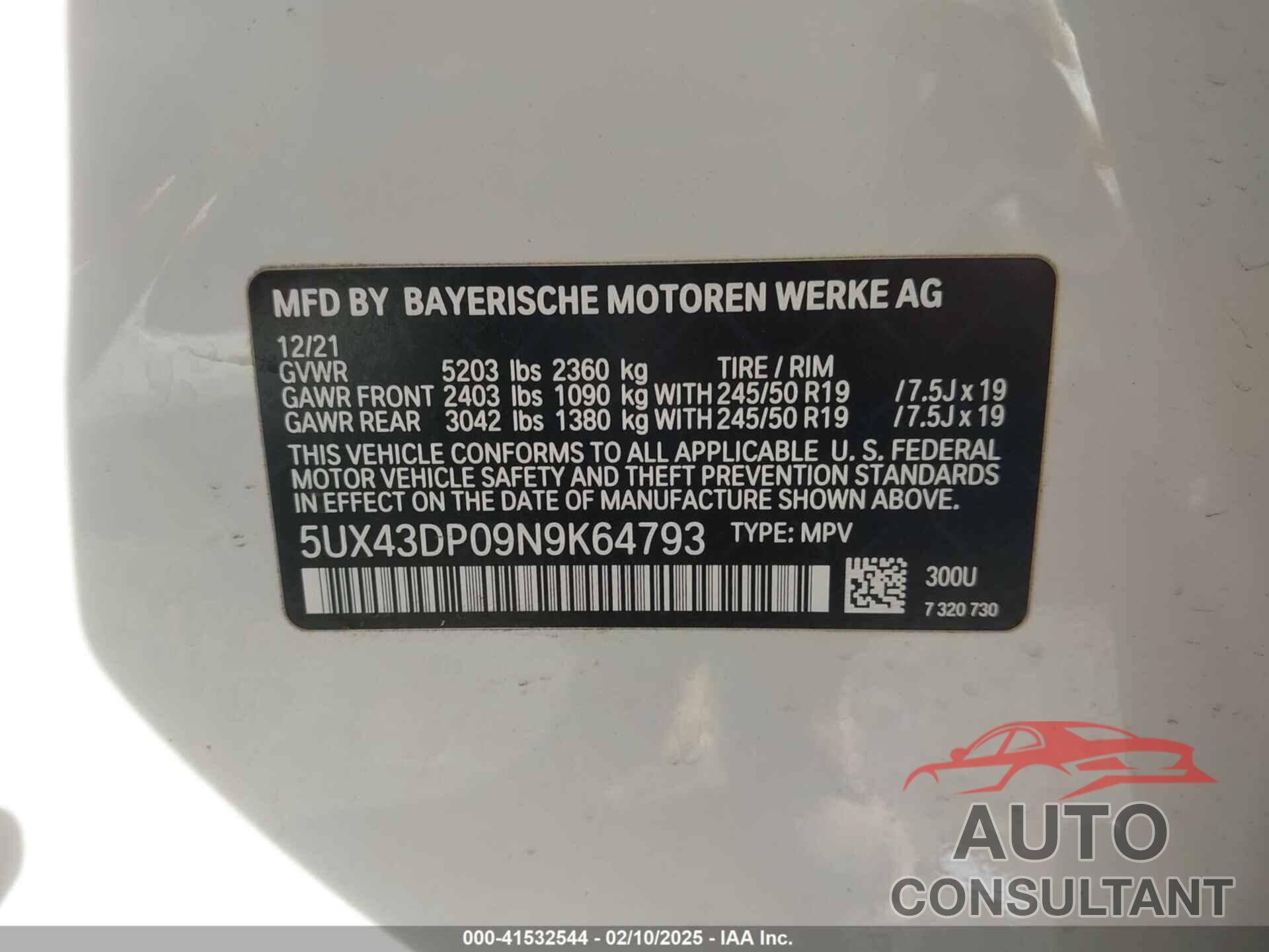 BMW X3 2022 - 5UX43DP09N9K64793