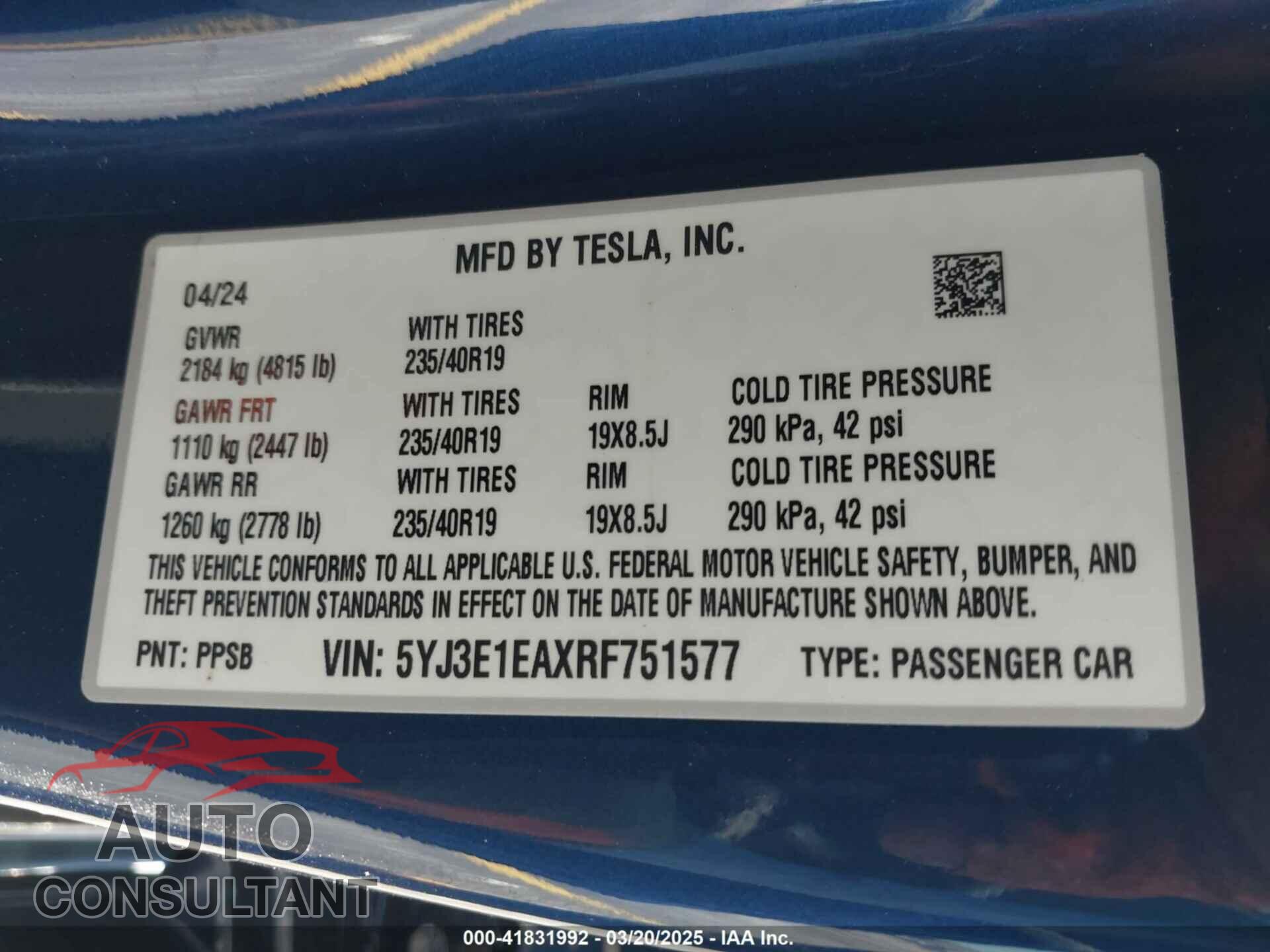 TESLA MODEL 3 2024 - 5YJ3E1EAXRF751577