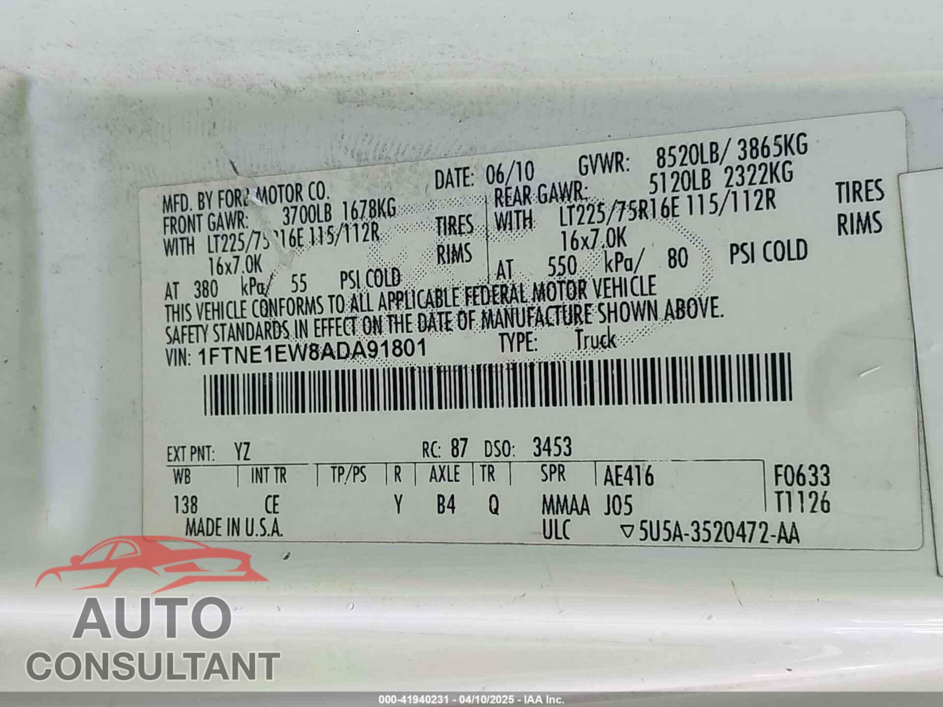 FORD E-150 2010 - 1FTNE1EW8ADA91801