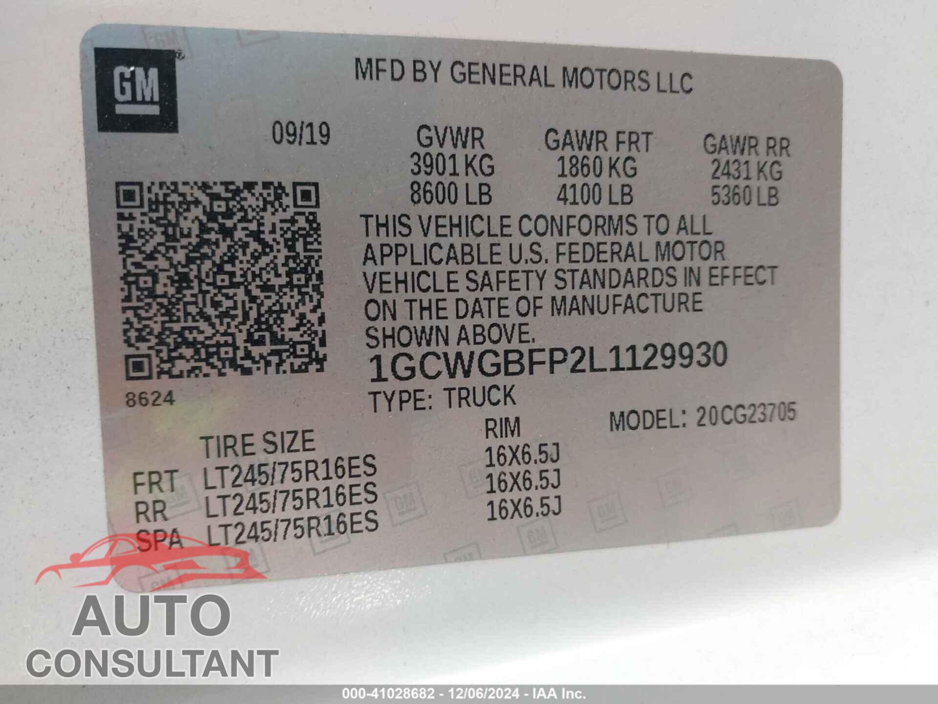 CHEVROLET EXPRESS CARGO 2020 - 1GCWGBFP2L1129930