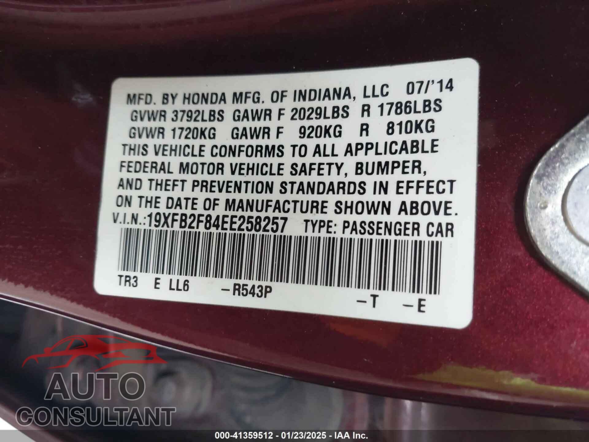HONDA CIVIC 2014 - 19XFB2F84EE258257