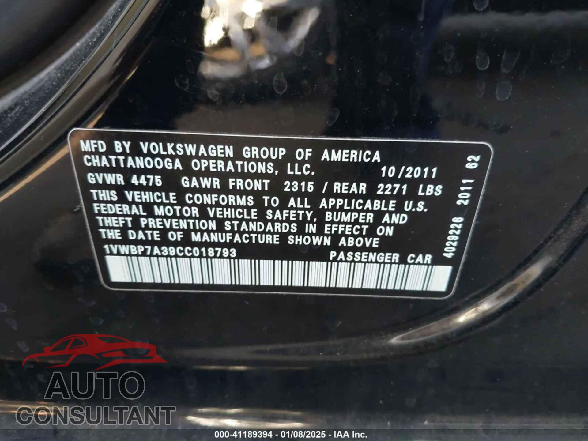 VOLKSWAGEN PASSAT 2012 - 1VWBP7A39CC018793