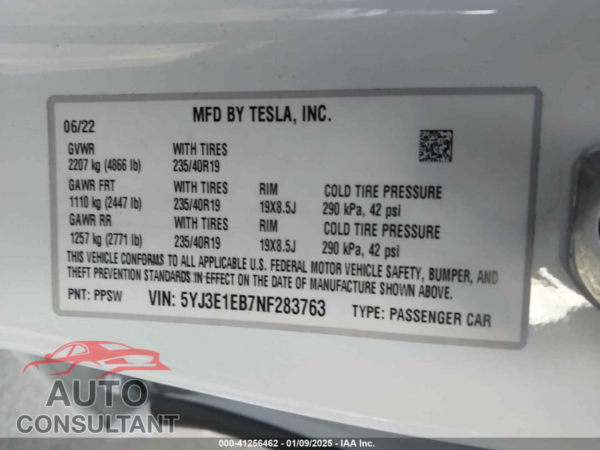 TESLA MODEL 3 2022 - 5YJ3E1EB7NF283763