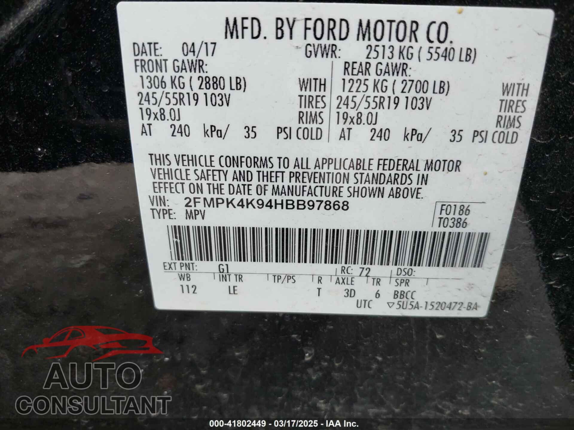 FORD EDGE 2017 - 2FMPK4K94HBB97868