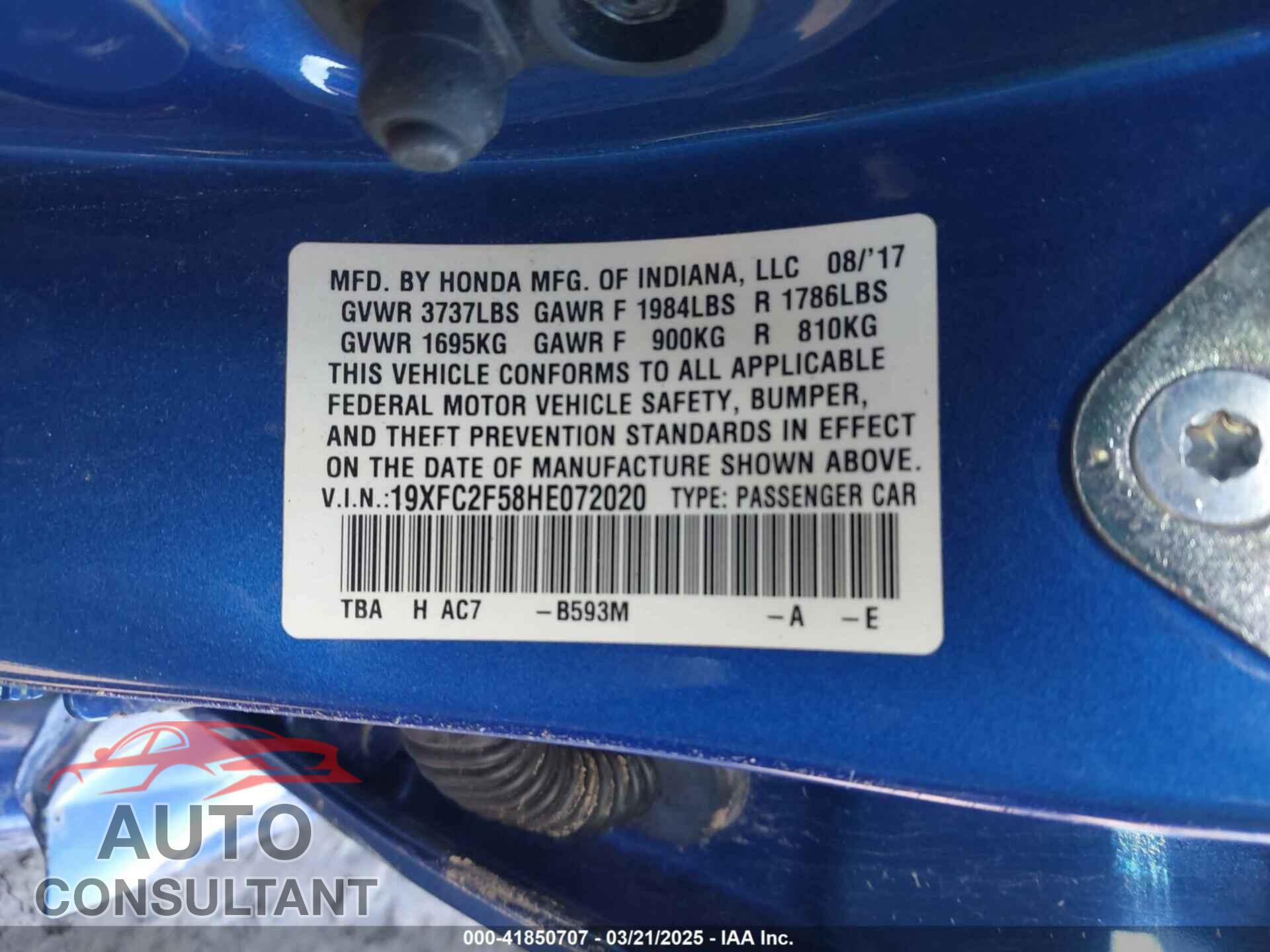 HONDA CIVIC 2017 - 19XFC2F58HE072020